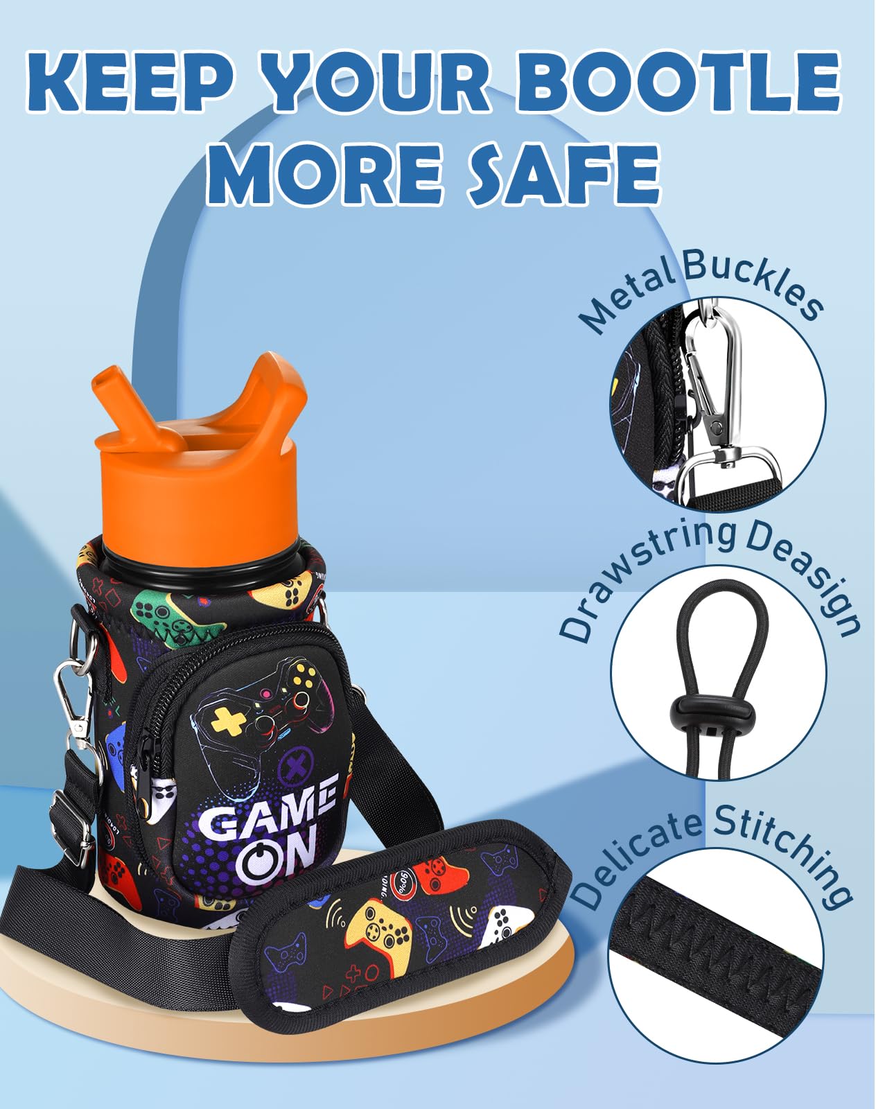 Miss Adola Water Bottle Carrier with Strap Cartoon Water Bottle Bags Holder for Kids Boys Girls Neoprene Insulated Bottle Bag for 10/12/14/16/18Oz Stainless Steel Glass Bottles Sleeve, Black Game On