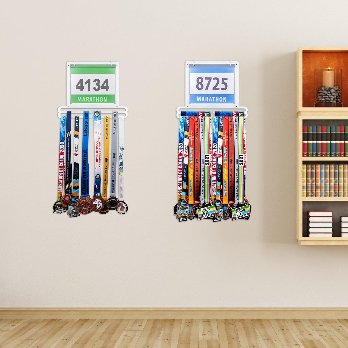 Moxweyeni Race Medal and Bib Display Medal Hanger Running Bib and Medal Holder Wall Mounted Hanging Medal Rack Holders with Bib Holder Gifts for Runners, 13.78 x 11.22 Inch (White)