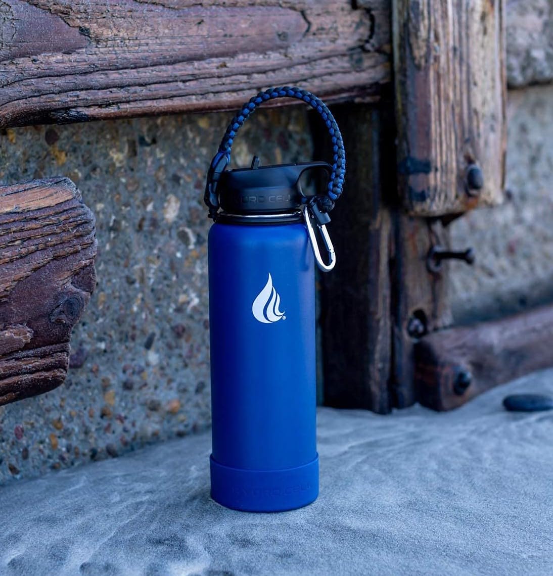 HYDRO CELL Paracord Handle for Wide Mouth Water Bottles - Carrier Strap w/Attachment Ring and Carabiner Accessory. Compatible w/ 64oz, 40oz 32oz, 24oz, 18oz, 14oz Insulated Bottles (Navy/Black)