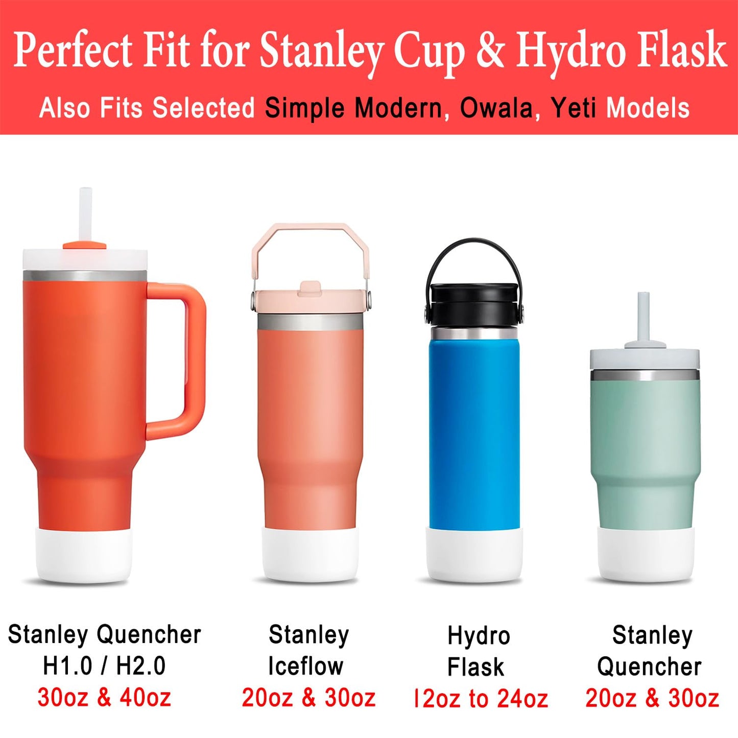 KTKUDY 2Pcs Silicone Boot for Stanley Quencher Tumbler H2.0 30 oz 40 oz & IceFlow 20 oz 30 oz & intended for Hydro Flask Water Bottle 12-24 oz - Protective Cup Bottom Accessories Fits Stanley Cup