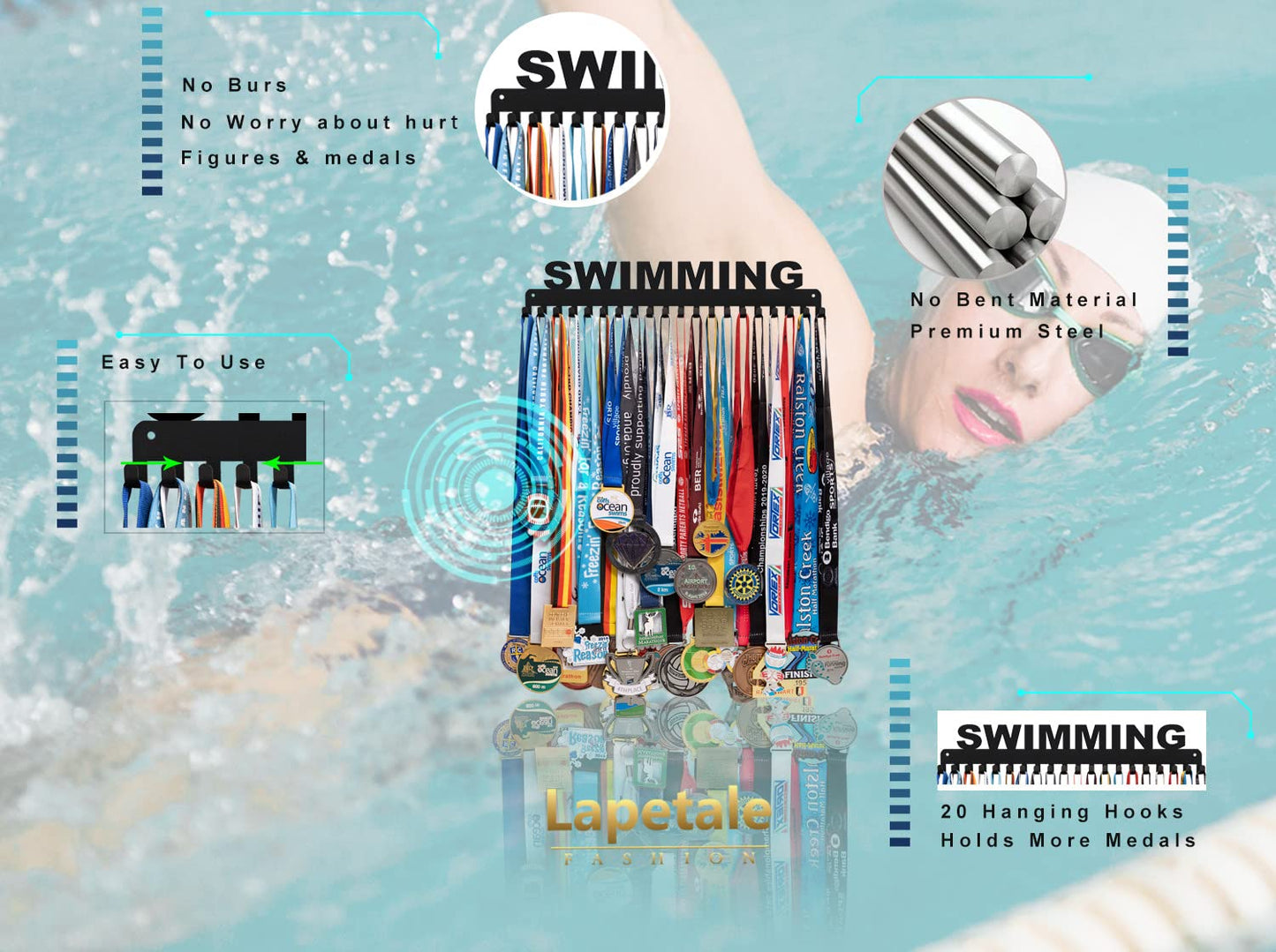 Lapetale Fashion Swimming Medal Hanger Display Medal Holder Hanger Display Rack Frame with 20PCS Hanging Hooks Upgraded Extension Hooks Easy Install Easy to Use Swimming Medal Display Rack