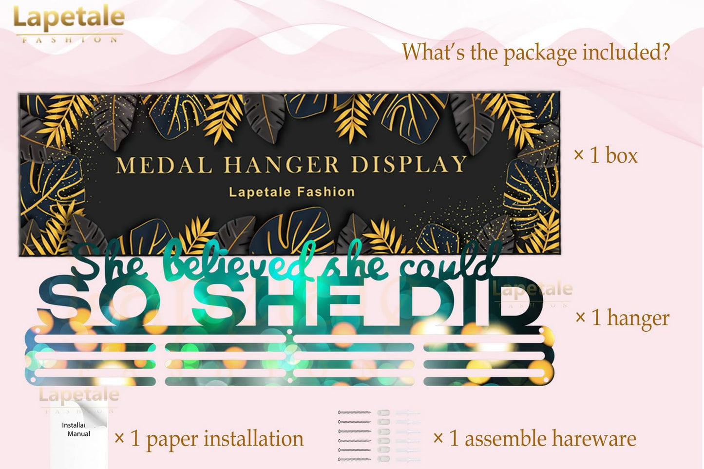 Lapetale Fashion Medal Hanger Holder Display Wall Rack Frame Shelf in 16" long-Medal Hanger Awards Ribbon Cheer,gymnastics,soccer,softball
