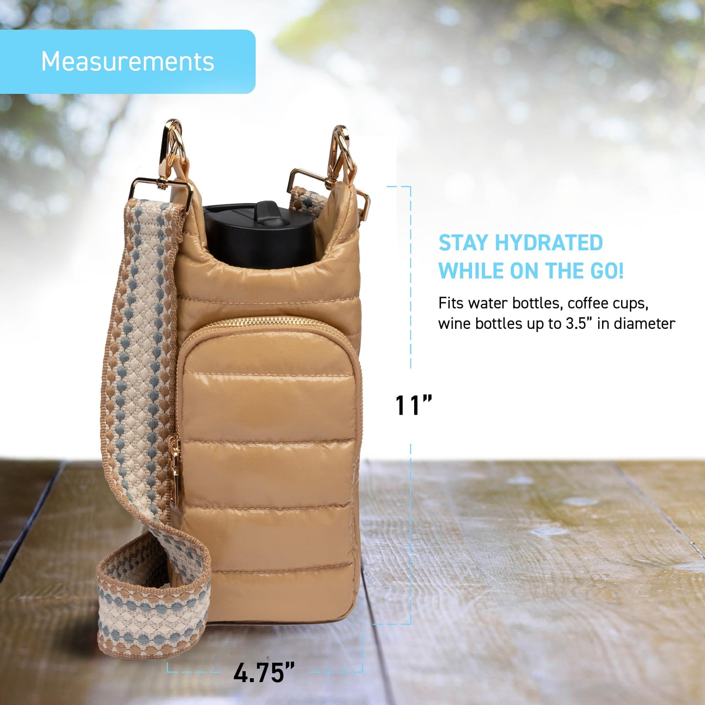 WanderFull Original Crossbody HydroBag | Quilted Water Bottle Carrier | Puffer Tote Tumbler Holder with Pockets for Purse, Phone & Accessories | Carry Travel Essentials (Camel Glossy/Patterned Strap)