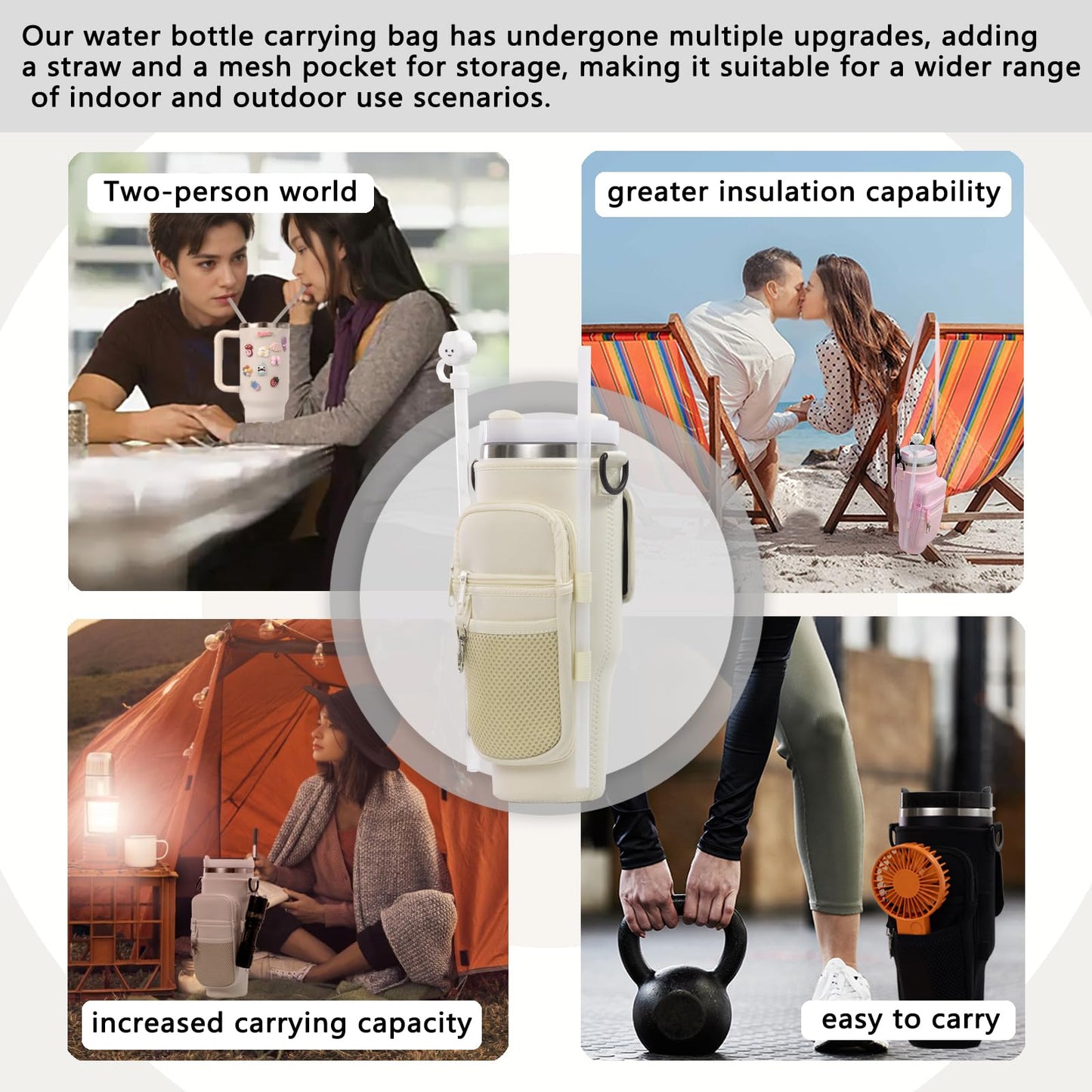 Water Bottle Carrier Bag with Phone Pocket for Stanley 40 oz Tumbler Neoprene Water Bottle Holder Pouch with Straw Toppers with Elastic Band for Holding Straws for Stanley Cup Accessories (Cream)