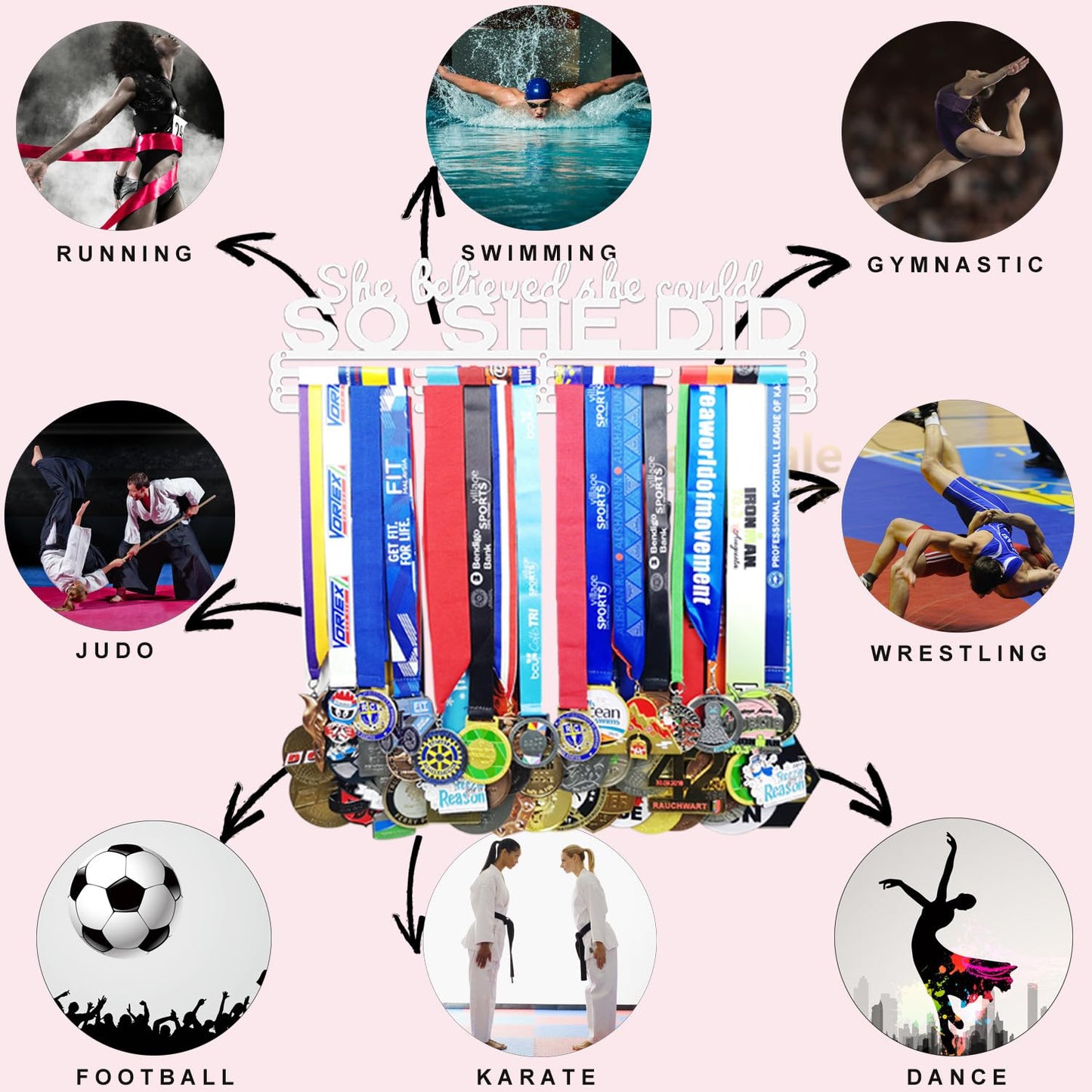 Lapetale Fashion She Believed She Could SO SHE DID White Medal Hanger Display Holder for Medals,Ribbons,soccer,gymnastics,wrest,run,swim