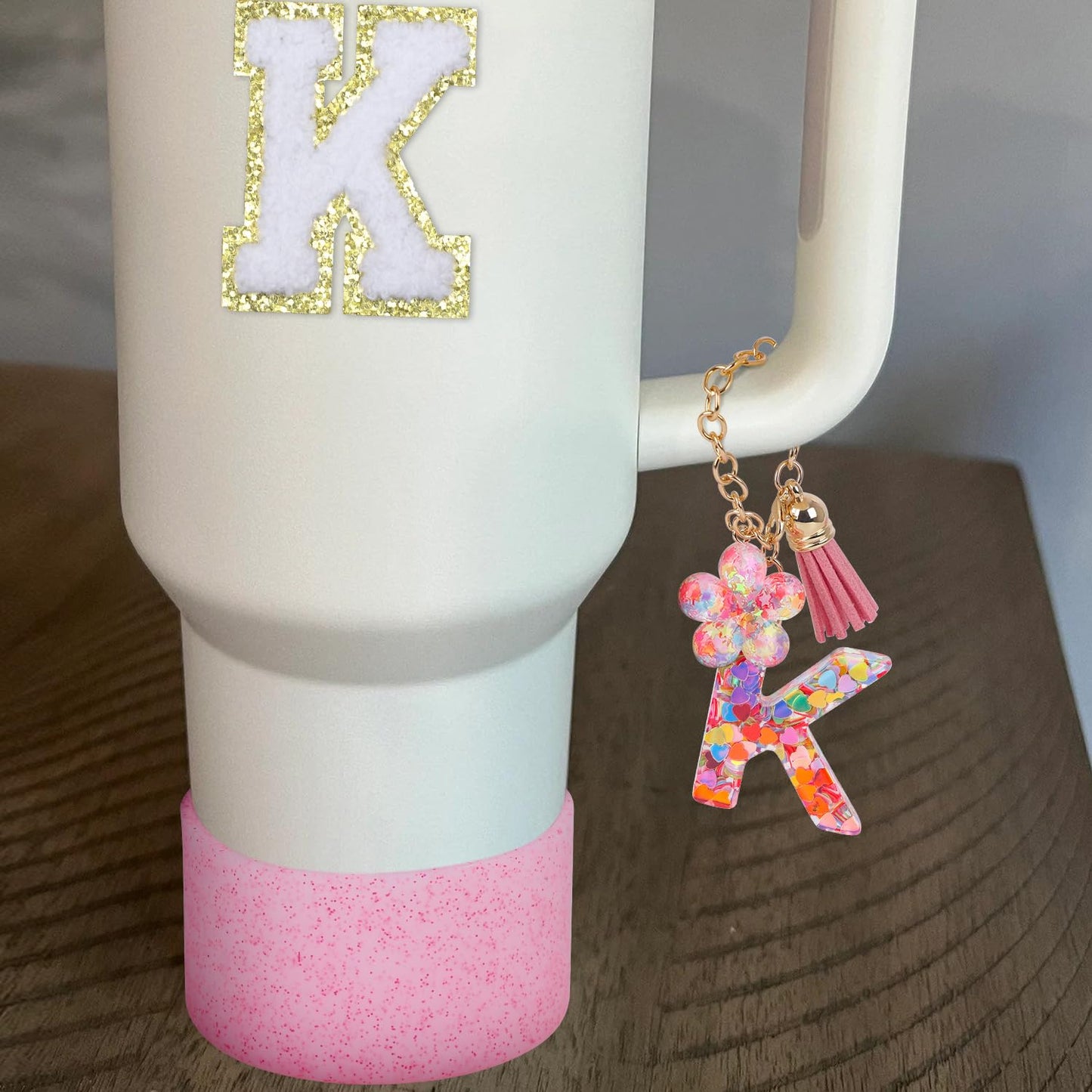 LA KEN DU Use for Stanley Cup Accessories Charms 40oz 30oz,Compatible with Stanley Cup Letter Charms for Handle Silicone Boot,Straw Cover Topper & Sticker(K)
