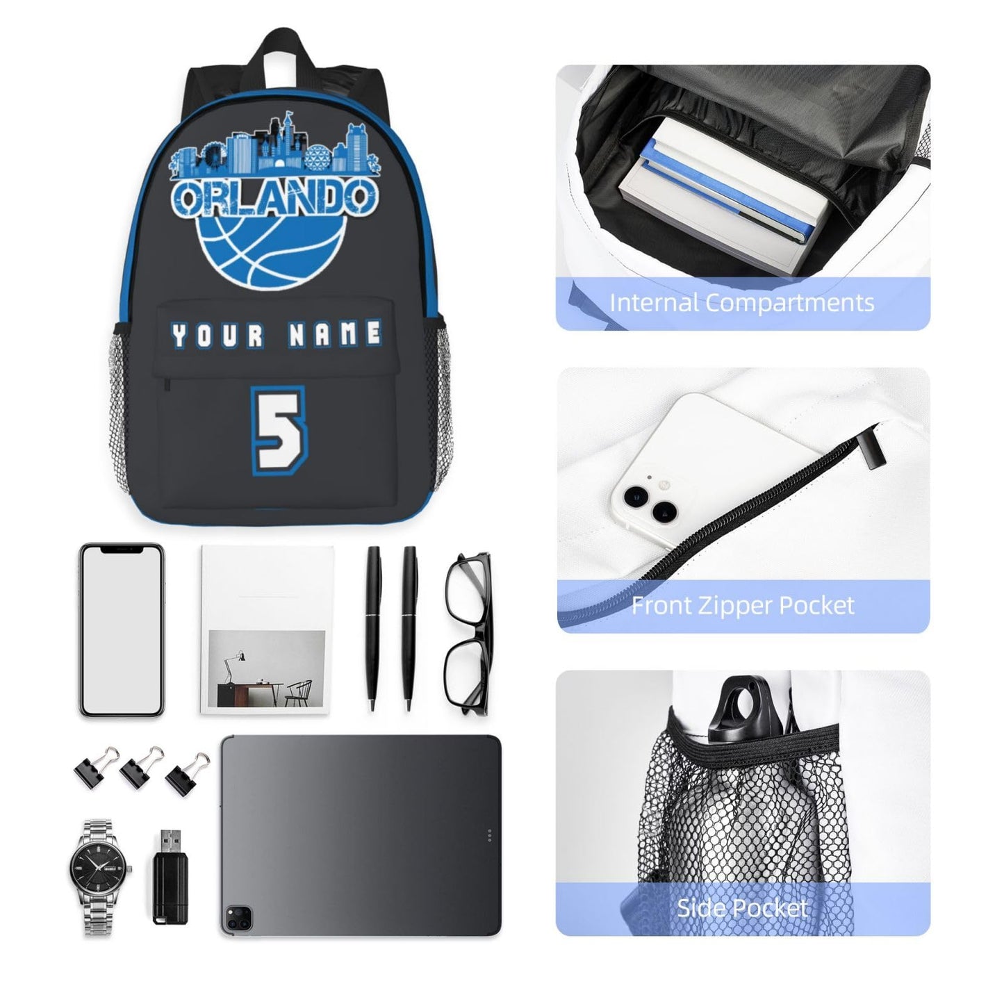 Jvpprds Orlando Custom Backpack for Boys Personalized Schoolbag Customized Bag with Name Numbers Fans Gifts