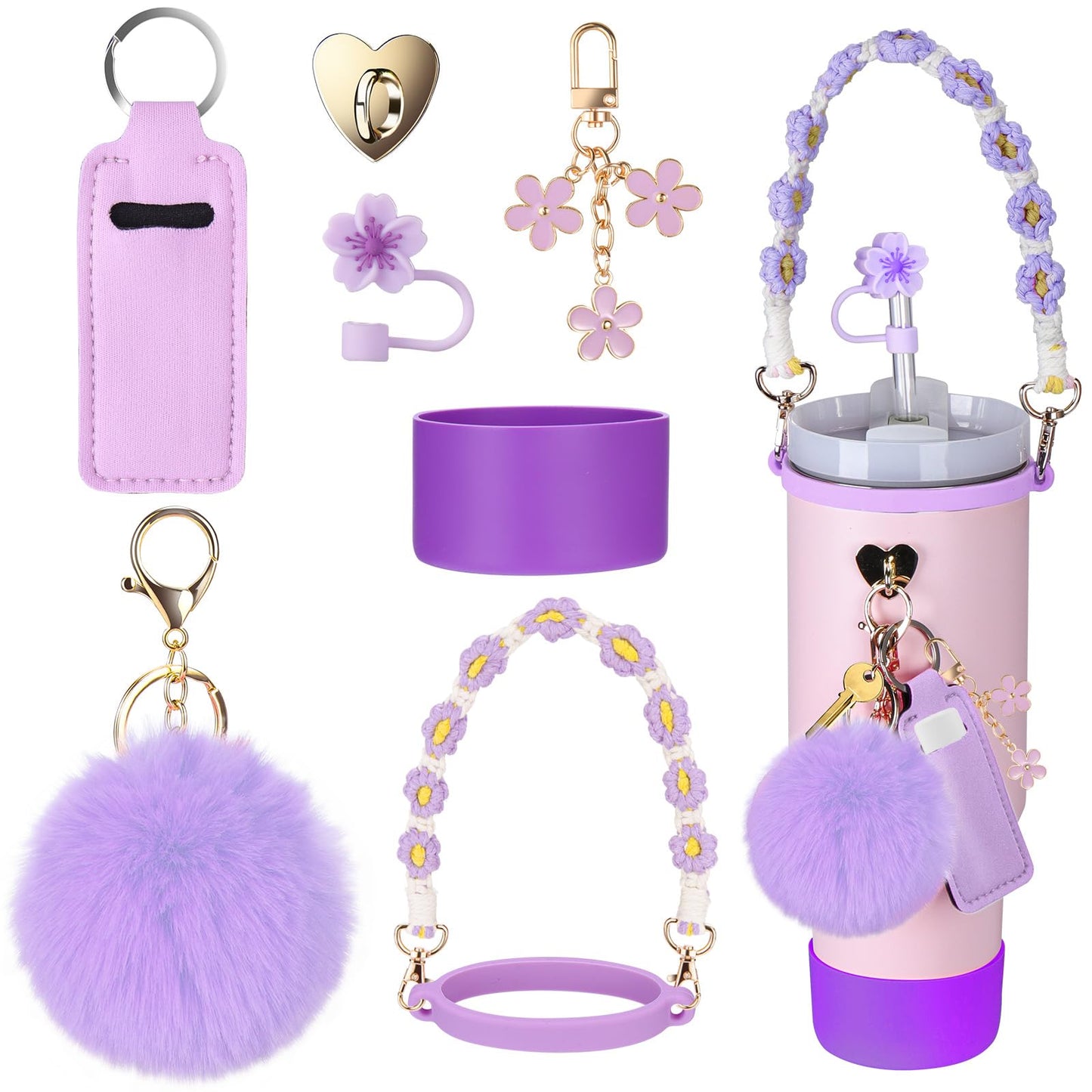 Mity rain 8PCS Cup Accessories for Stanley Cup 30oz 40oz Tumbler with Handle, Including Water Bottle Handle Strap, Chapstick Holder, Boot, Keychain Charms, Straw Topper Cover Cap for Stanley (Purple)