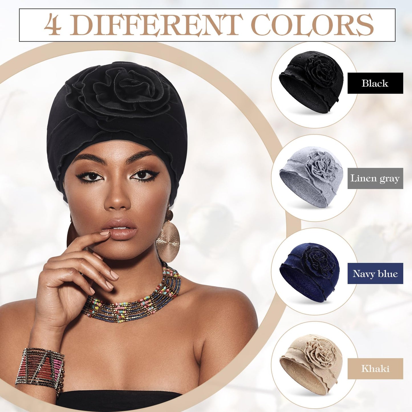 JenPen 4 Pcs Cotton Beanie Turban Headwear for Women Soft Cancer Chemo Head Scarf Hats Elastic Covers Wraps for Women's Hair (Elegant Colors,Flower)