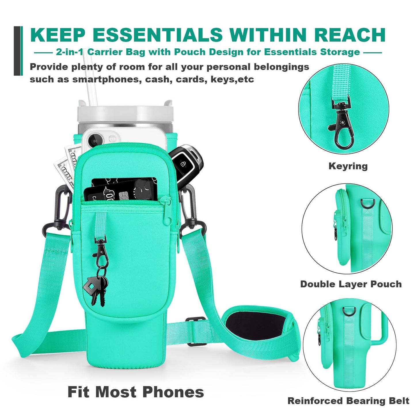 BULKITEM 30oz Water Bottle Carrier Bag with Phone Pocket for Green Stanley 30 oz Tumbler with Handle, Green Insulated Neoprene Cup Holder Pouch Strap for Valentines Stanley Cup Accessories