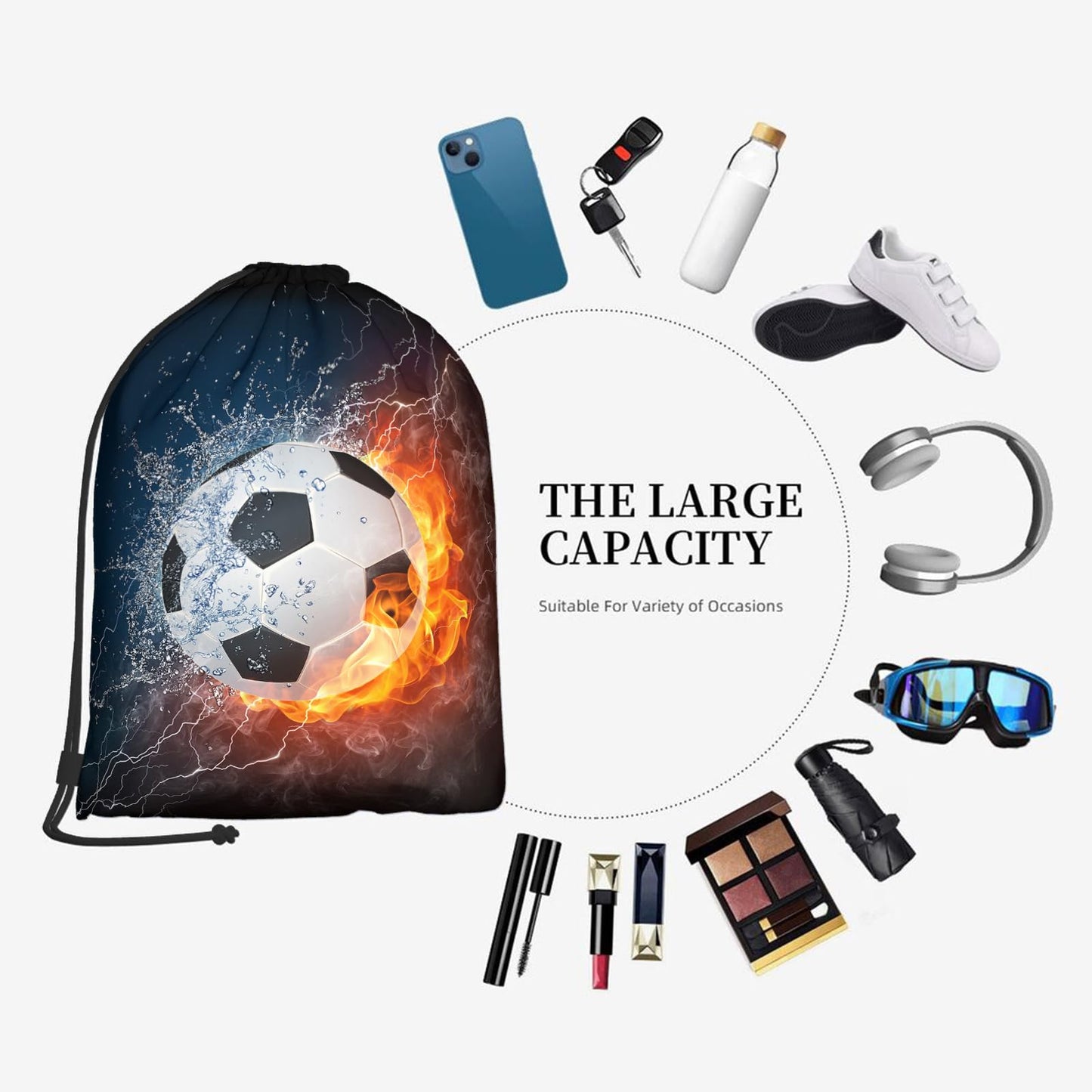 Zautey Soccer Drawstring Bag Fire Water Enveloped Sport Soccer Backpack Bag Sports Drawstring Sackpack String Bag for Men Women