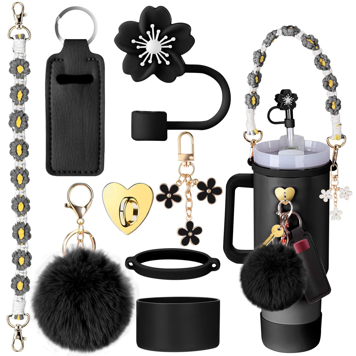 Mity rain 8PCS Cup Accessories for Stanley Cup 30oz 40oz Tumbler with Handle, Including Water Bottle Handle Strap, Chapstick Holder, Boot, Keychain Charms, Straw Topper Cover Cap for Stanley (Black)