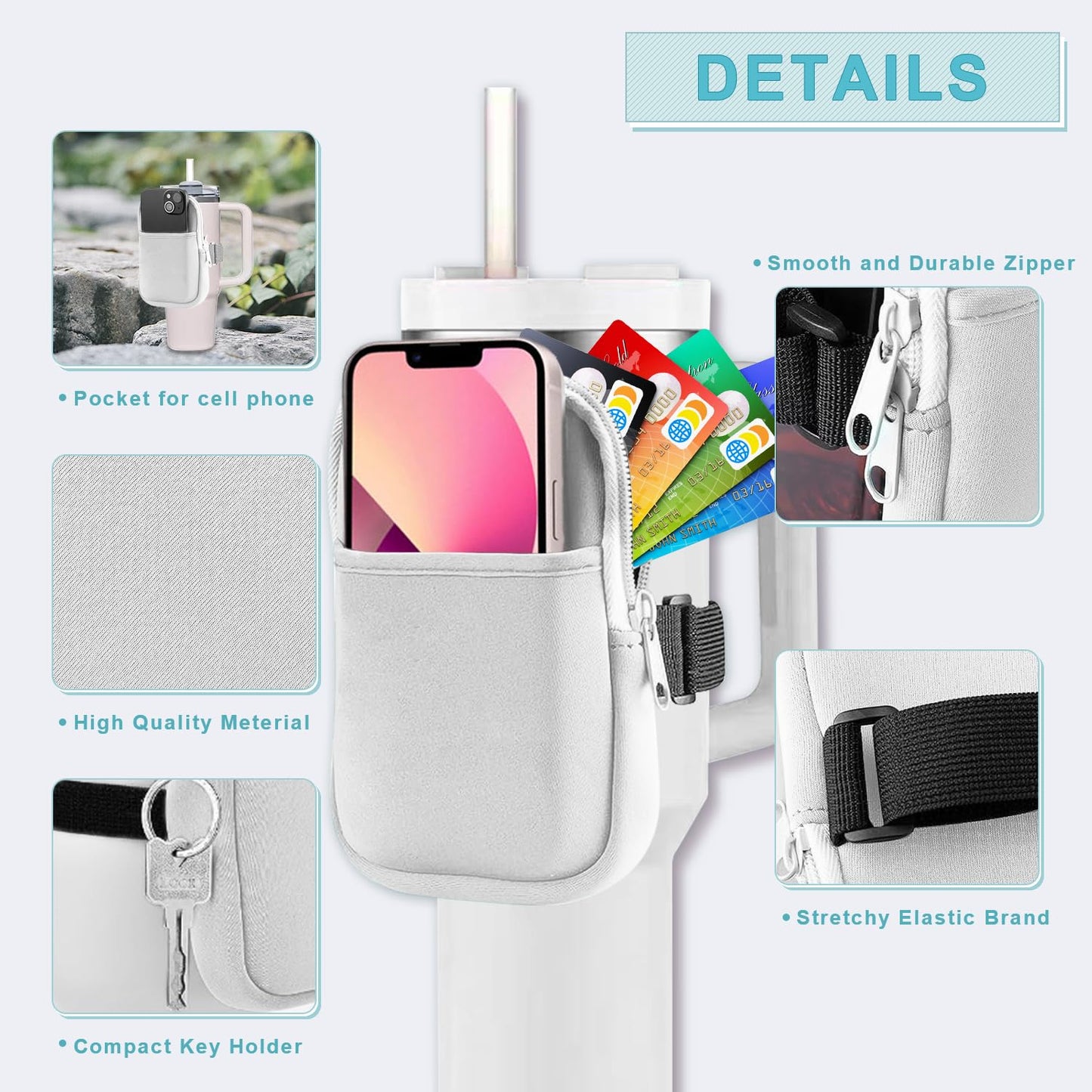 Multifunctional Water Bottle Pouch for Stanley Cups with Adjustable Strap, Gym Accessories for Women, Sports Water Bottle Accessories, Tumbler Pouch for Cards, Keys, Wallet, Earphone, etc