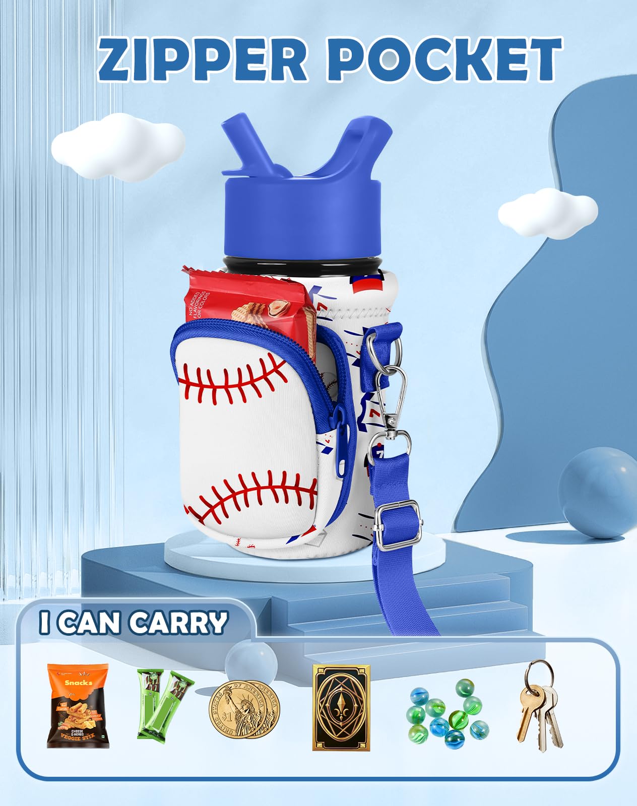 Miss Adola Water Bottle Carrier with Strap Cartoon Water Bottle Bags Holder for Kids Boys Girls Neoprene Insulated Bottle Bag for 10/12/14/16/18Oz Stainless Steel Glass Bottles Sleeve, Baseball