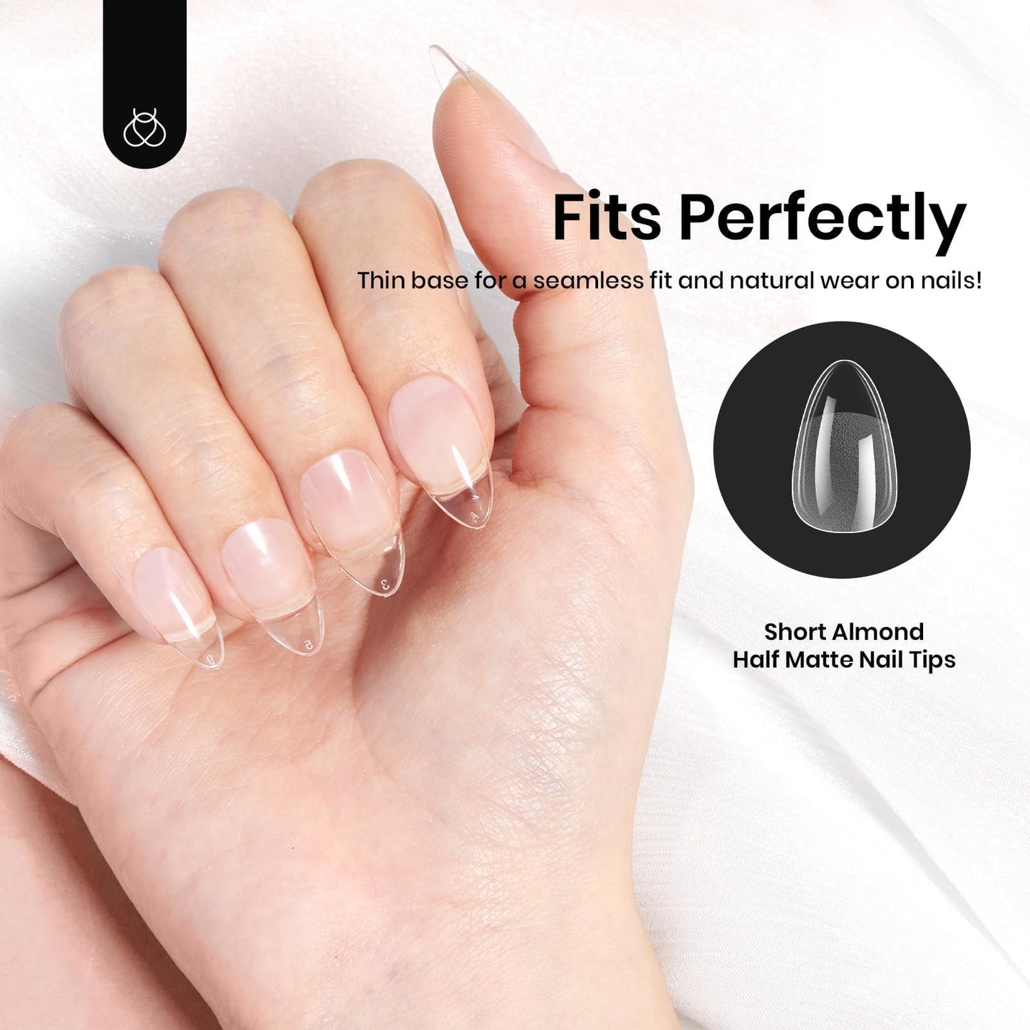 Beetles Gel Nail Tips 576Pcs Pre-shape Short Almond Etch-X Nail Tips,12 Sizes Soft Nail Tips Half Matte False Nails for Spring Nails Full Cover Press On Nail Nail Extensions Set for Women