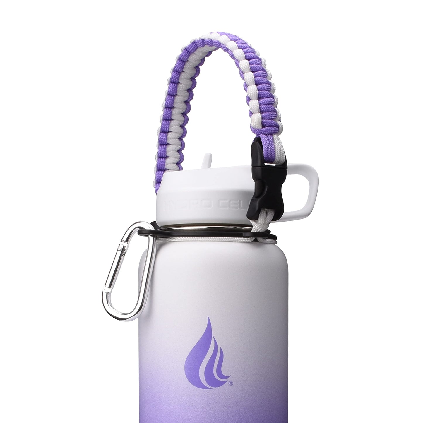 HYDRO CELL Paracord Handle for Wide Mouth Water Bottles - Carrier Strap w/Attachment Ring and Carabiner Accessory. Compatible w/ 64oz, 40oz 32oz, 24oz, 18oz, 14oz Insulated Bottles (Lavender/White)