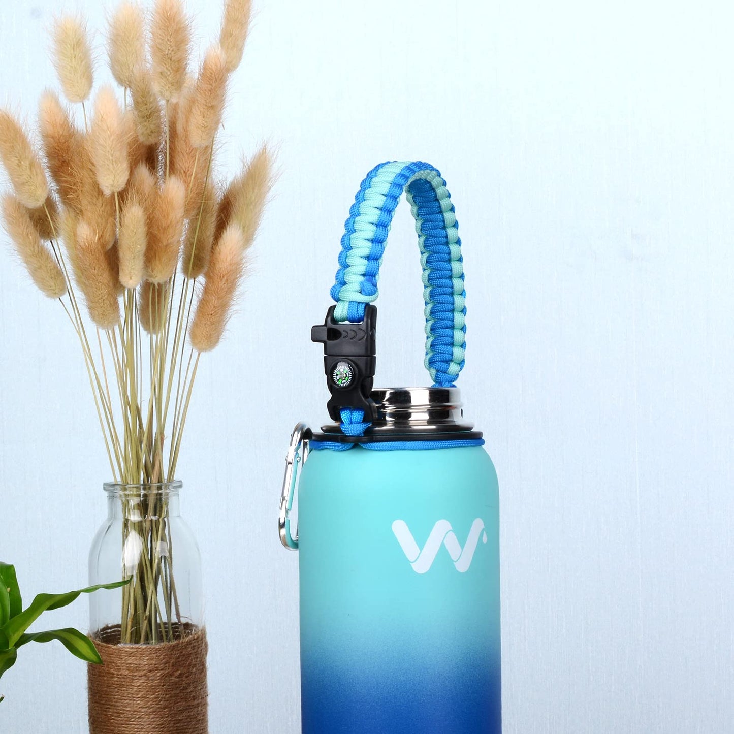 WEREWOLVES Paracord Handle - Fits Wide Mouth Bottles 12oz to 64oz - Durable Carrier, Paracord Carrier Strap Cord with Safety Ring,Compass and Carabiner - Ideal Water Bottle Handle Strap (Ocean)