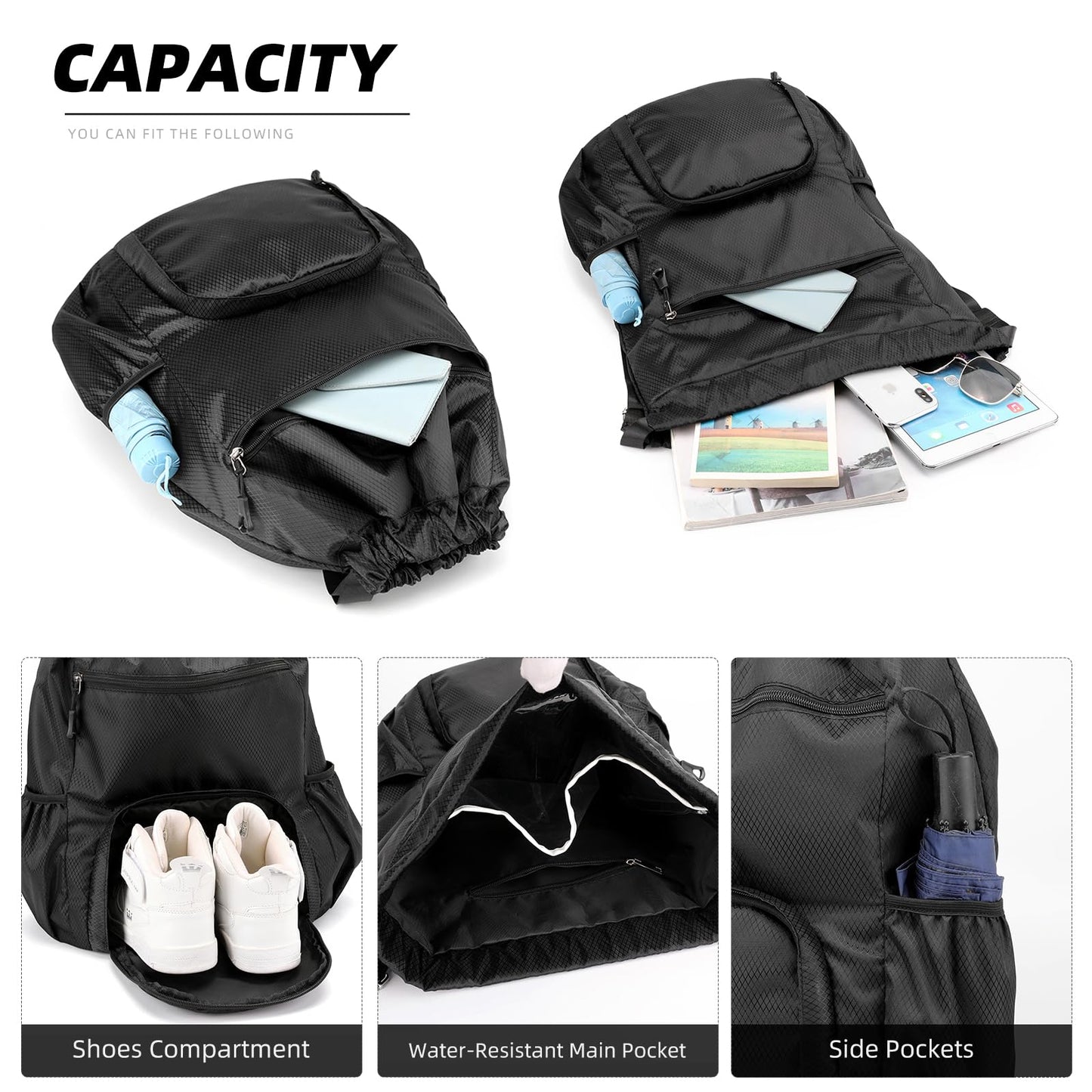 ChuLian Drawstring Backpack with Wet Pocket & Shoe Compartment, Water-Resistant Sports Gym Beach Swim String Bag for Women Men Black