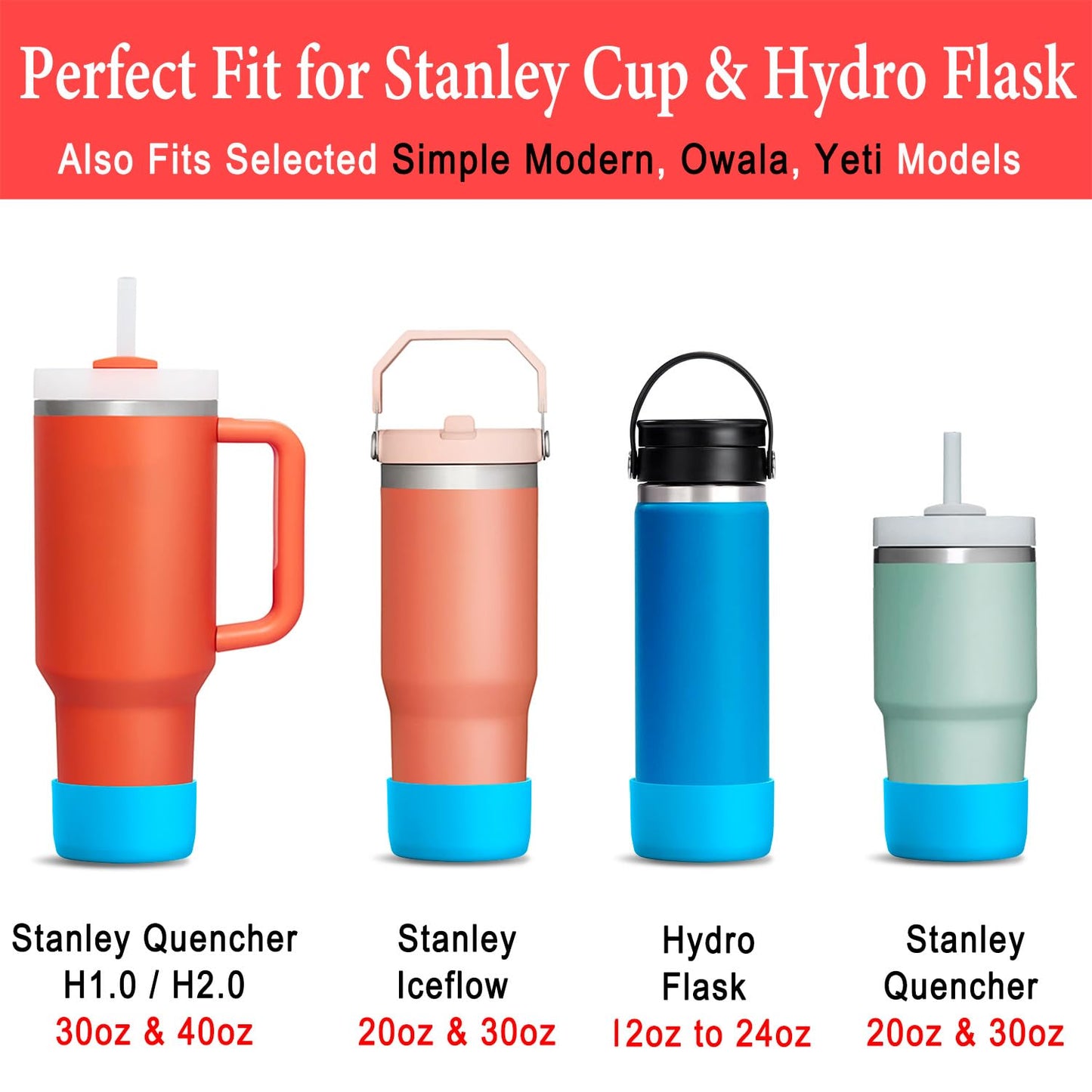 KTKUDY 2Pcs Silicone Boot for Stanley Quencher Tumbler H2.0 30 oz 40 oz & IceFlow 20 oz 30 oz & intended for Hydro Flask Water Bottle 12-24 oz - Protective Cup Bottom Accessories Fits Stanley Cup