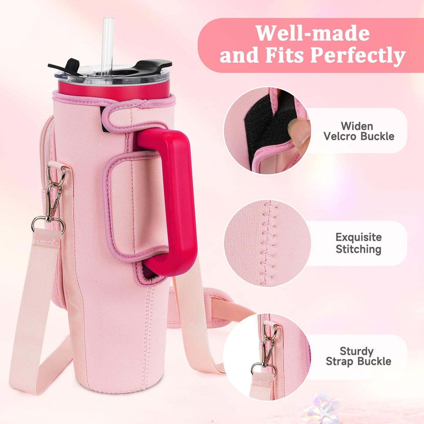 Water Bottle Carrier Bag with Phone Pocket Compatible with Stanley/Meoky 40 oz Tumbler with Handle,Neoprene Water Bottle Holder Pouch with Adjustable Strap Compatible with Stanley Cup Accessories,Pink