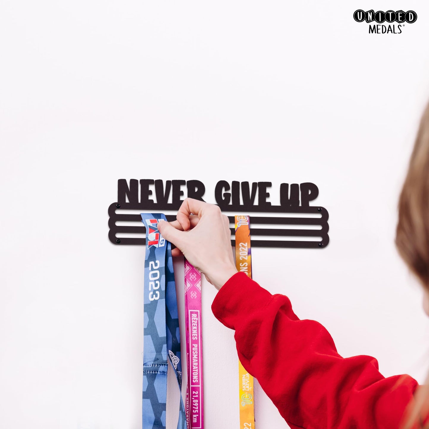 Sports Medal Hanger Display Race NEVER GIVE UP | Black Race Medal Holder Awards Wall Mount | Running Marathon Race Medal Display for Wall | Steel medal holder for wall holds up to 30 Medals