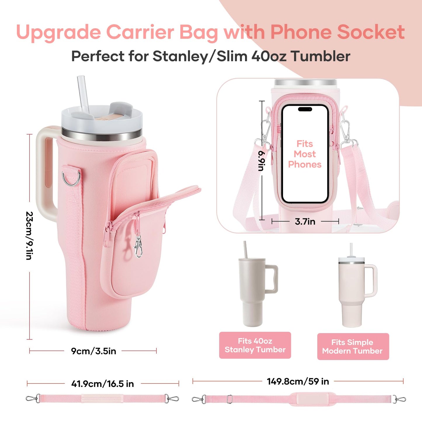 linmaya Water Bottle Carrier Bag with Phone Pocket for Stanley 40/30 oz Tumbler Neoprene Water Bottle Holder Pouch with 2 Adjustable Strap & 3 Leak Stoppers for Stanley Cup Accessories