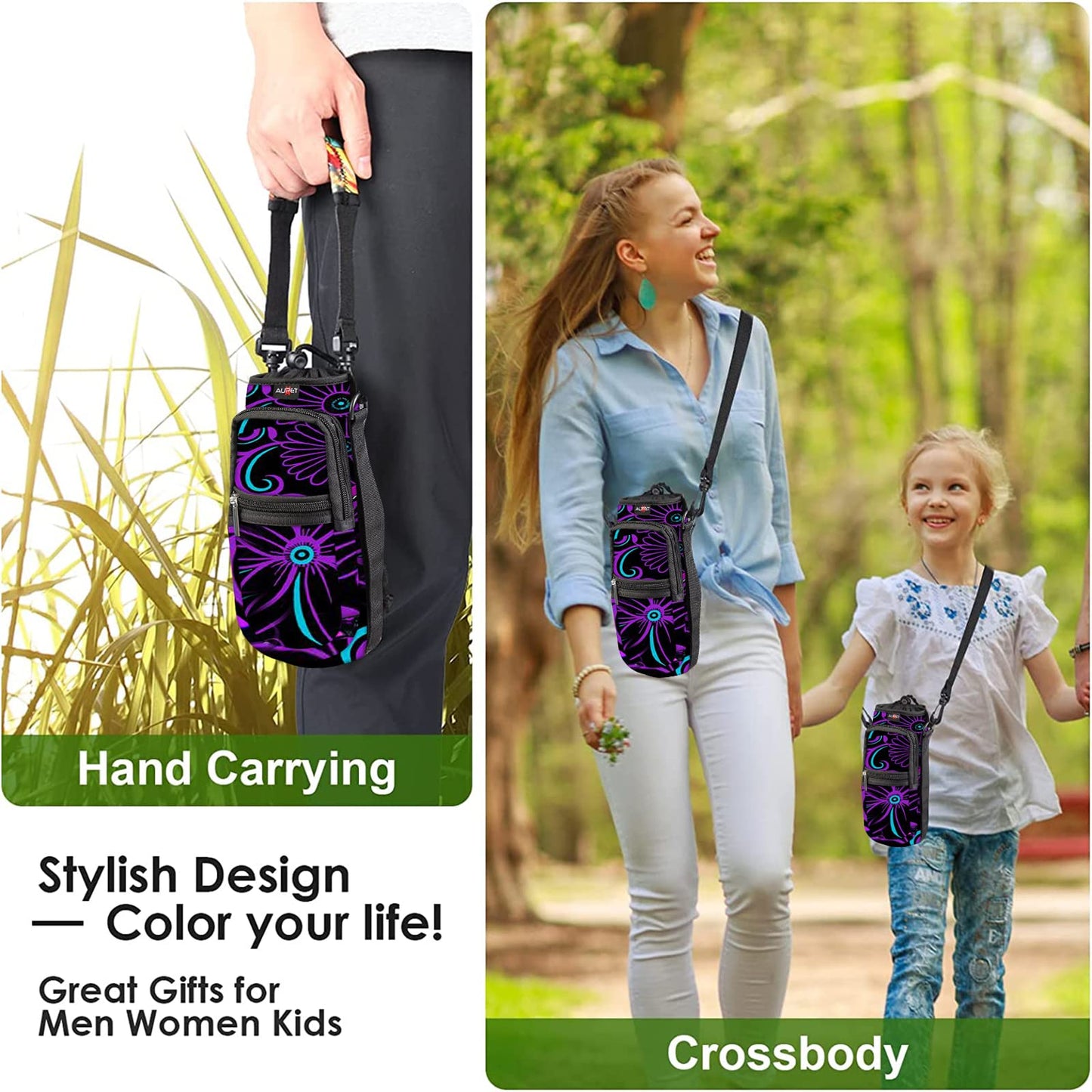 AUPET Water Bottle Holder Sling Carrier Bag Sleeve 25/32/40/64 oz,Insulated Crossbody Water Bottle Case Cover with Strap and Pockets for Men/Women Walking Hiking Camping (25oz,purple flower)