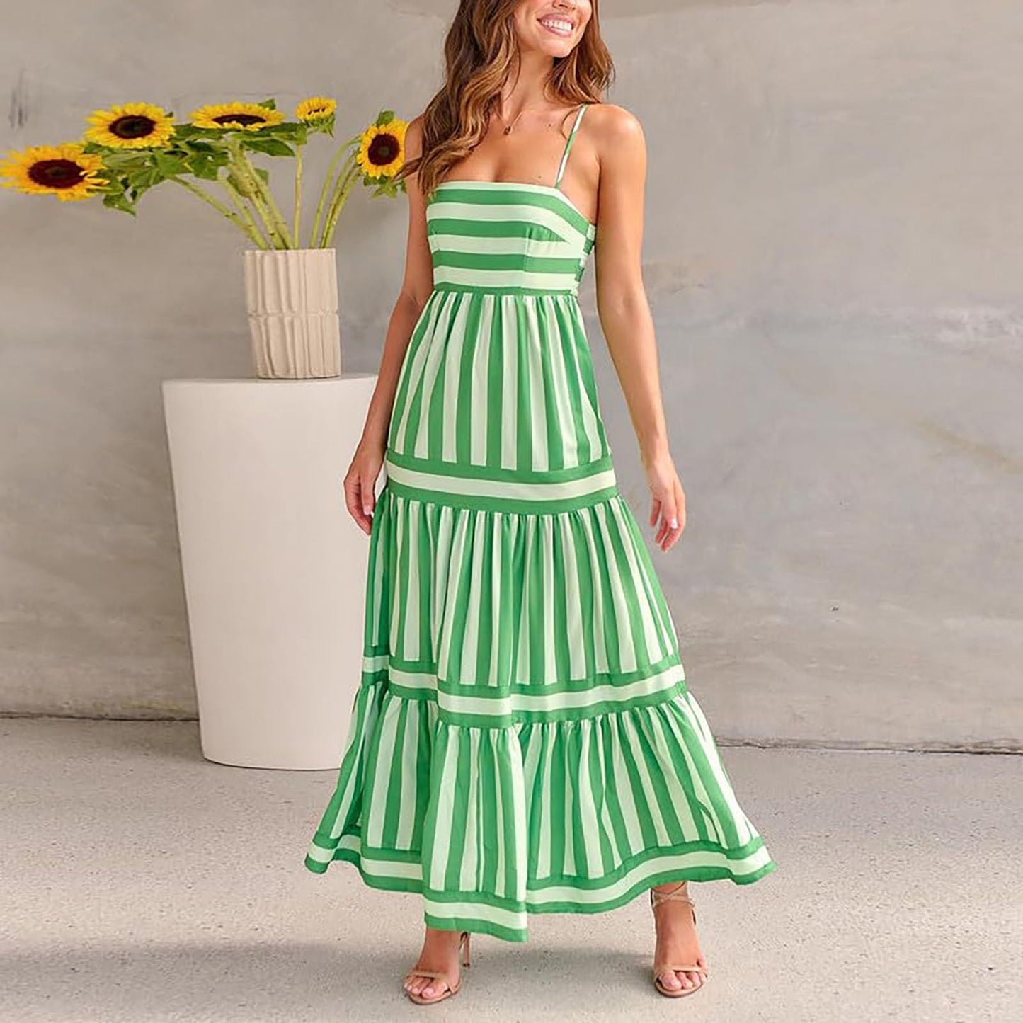 Generic Women Cute Print Maxi Cami Dress Loose Sleeveless Spaghetti Strap Boho Dress Flowy Graffiti Long Aline Sun Dress(A-Green,Large)