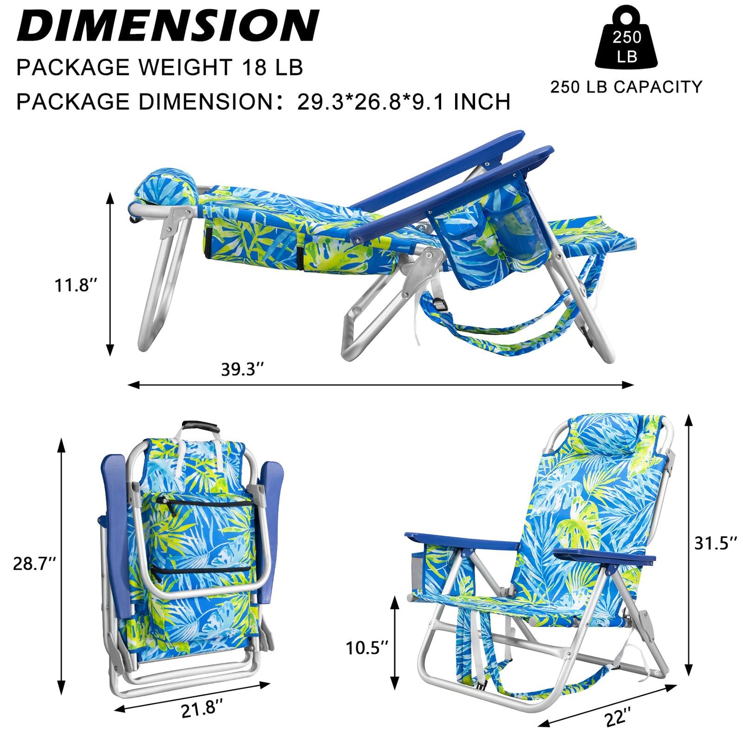 PRETZI Backpack Beach Chairs for Adults - Folding Heavy Duty Camping Chair with Storage Pouch, Cup Holder & Towel Rack, Lightweight & Adjustable Chair for Outdoor,Travel (2pcs / Tropical Foliage)