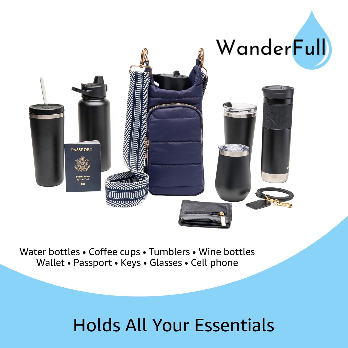 WanderFull Original Crossbody HydroBag | Quilted Water Bottle Carrier | Puffer Tote Tumbler Holder with Pockets for Purse, Phone & Accessories | Carry Travel Essentials (Matte Navy/Patterned Strap)
