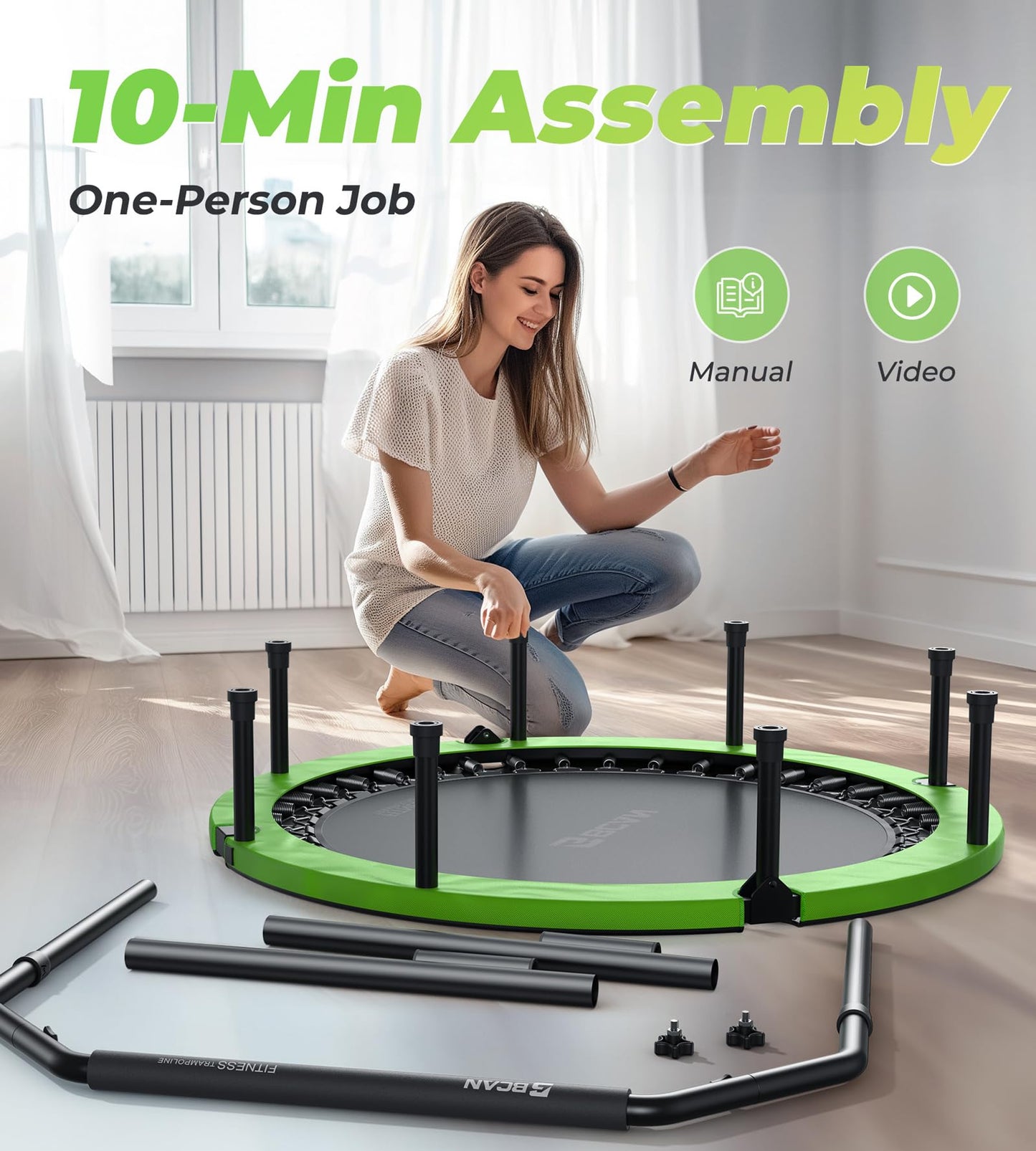 BCAN 40"/48" Foldable Mini Trampoline, Rebounder Trampoline for Adults, U/T Shape Adjustable Foam Handle, Exercise Rebounder for Kids Adults Indoor/Garden Workout, Max Load 330lbs/440lbs