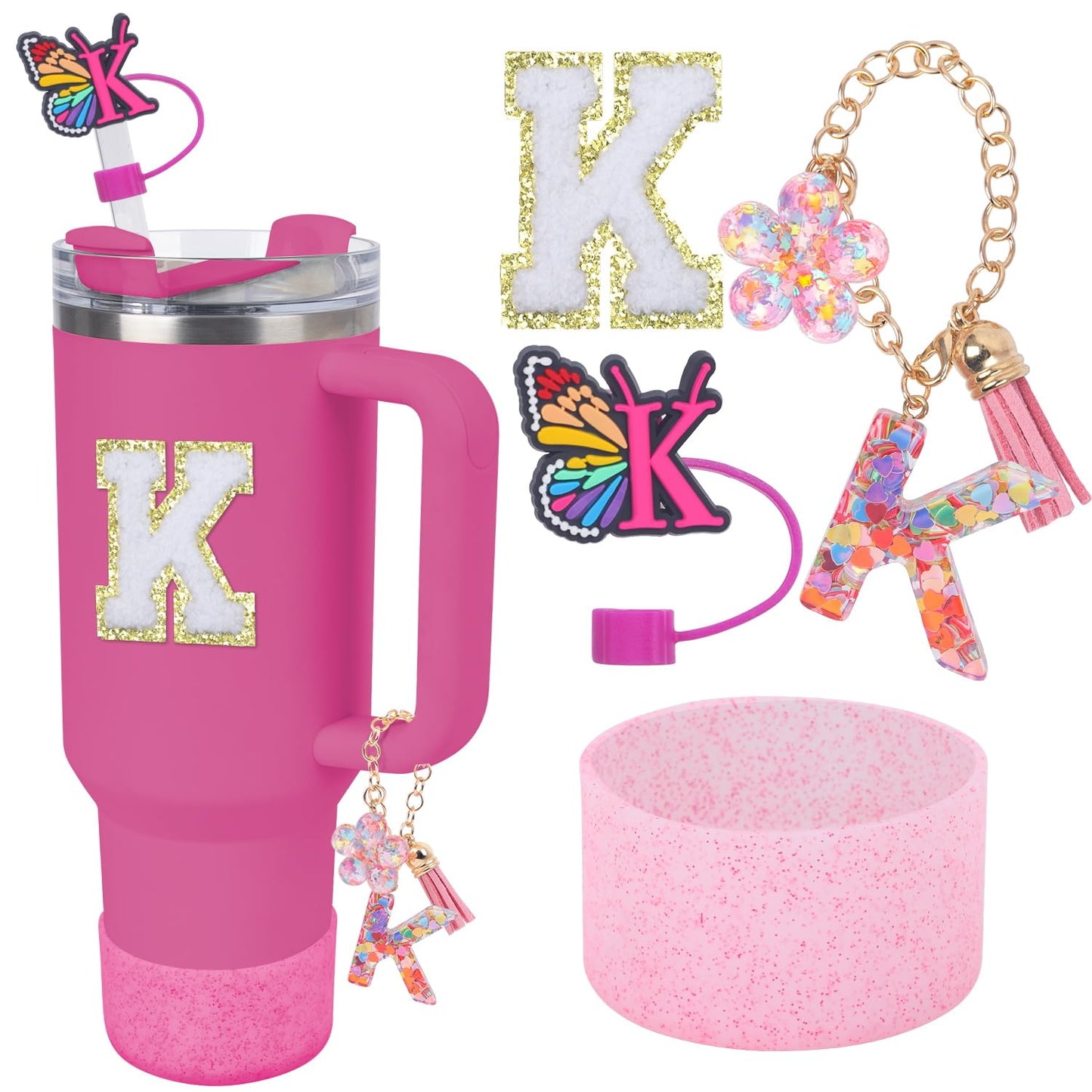 LA KEN DU Use for Stanley Cup Accessories Charms 40oz 30oz,Compatible with Stanley Cup Letter Charms for Handle Silicone Boot,Straw Cover Topper & Sticker(K)