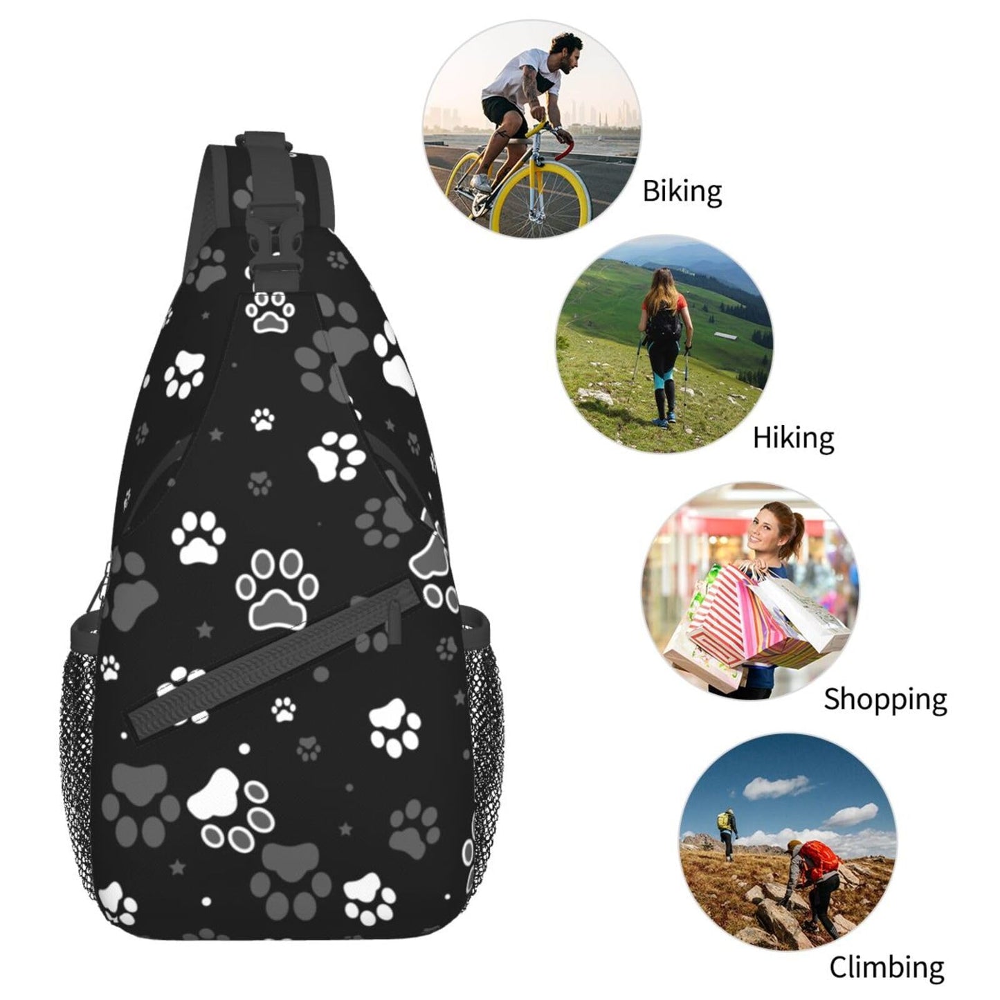 NISENASU Paw Print Sling Bag Crossbody Backpack,Dog Paw Print and Star on Black Background Chest Bag Adjustable Casual Shoulder Backpack Cute Animal Footprint Travel Hiking Daypack