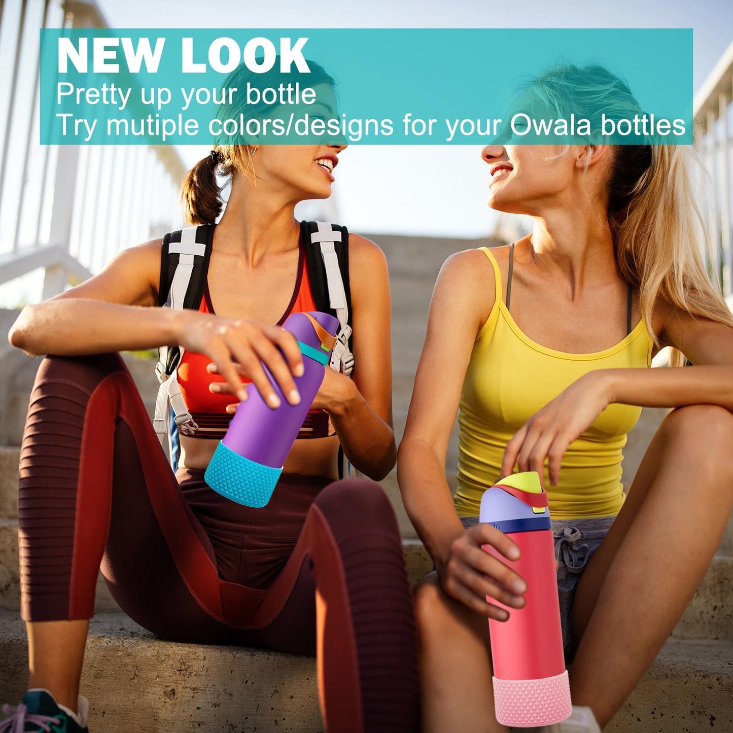 WK IEASON 2Pcs Silicone Water Bottle Boot for Owala 24oz 32oz 40oz, Protective Flask Bottom Cover Base for Owala FreeSip Twist and Flip Flask Bottles (Diomond Pink/Light blue, 24OZ)