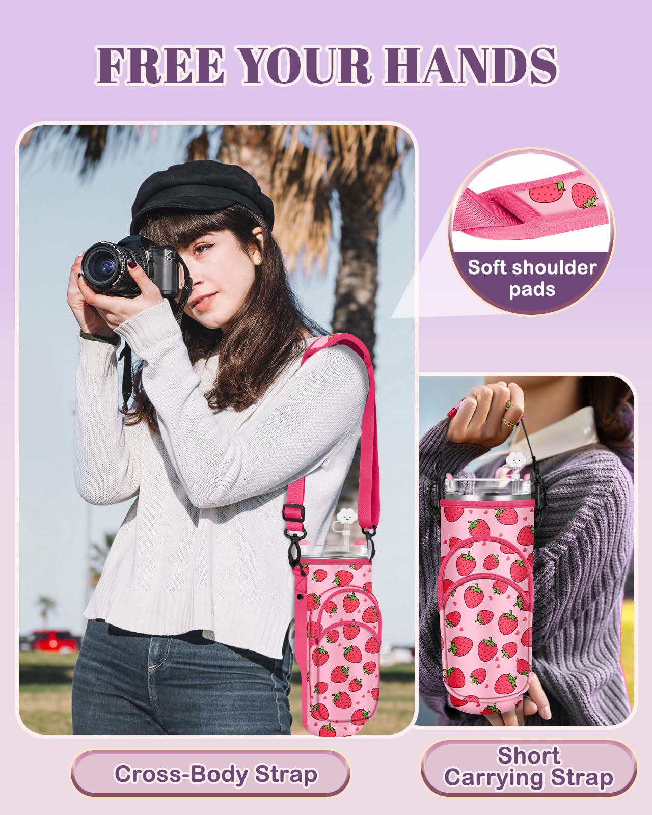 Toykee Water Bottle Holder Carrier Bag for Stanley 40 OZ Tumbler with Strap Phone Pocket, Wrap Around Drink Cup Purse Pouch with Straw Cover Cleaner Brush Accessories Strawberry Print