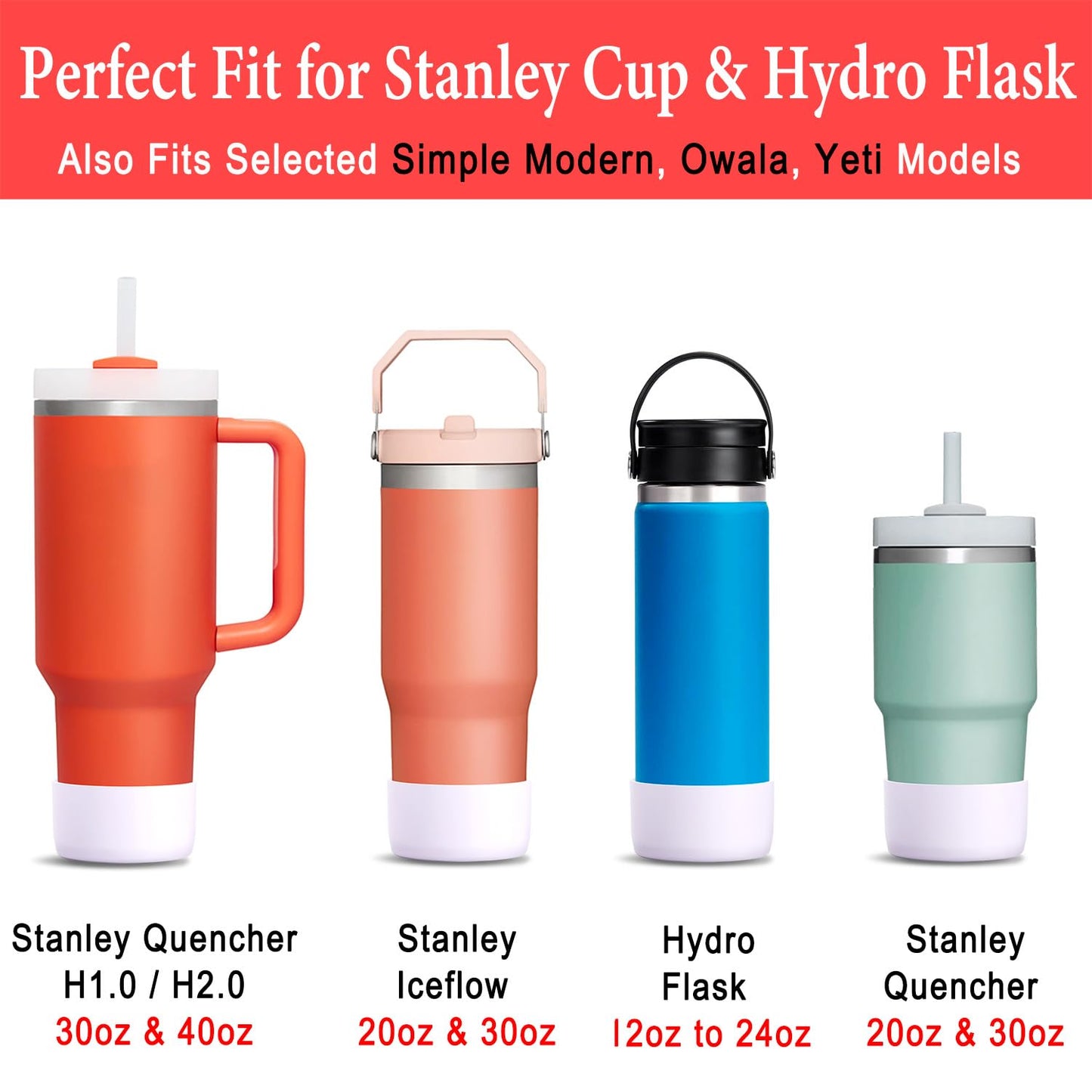 KTKUDY 2Pcs Silicone Boot for Stanley Quencher Tumbler H2.0 30 oz 40 oz & IceFlow 20 oz 30 oz & intended for Hydro Flask Water Bottle 12-24 oz - Protective Cup Bottom Accessories Fits Stanley Cup