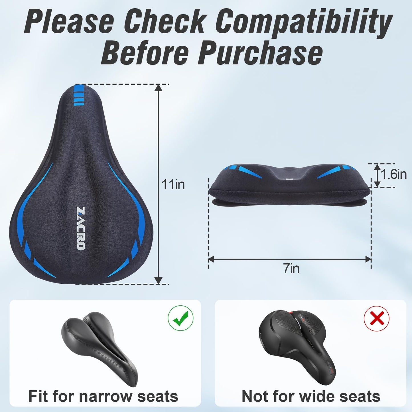 Zacro Bike Seat Cushion - Gel Padded Bike Seat Cover for Men & Women Comfort, Adjustable Velco Secure Bicycle Cushion, Upgraded Installation Fit with Peloton, Indoor & Outdoor Bicycle Saddle(11"x7")