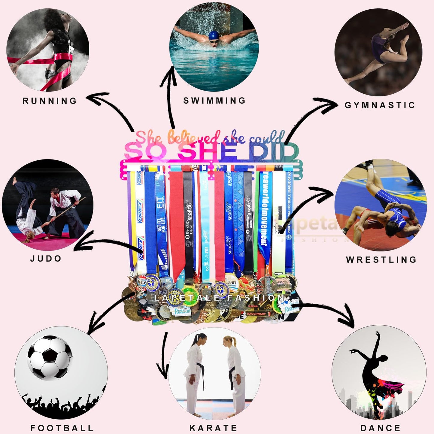 Lapetale Fashion Medal Hanger Holder Display Wall Rack Frame Shelf in 16" long-Medal Hanger Awards Ribbon Cheer,gymnastics,soccer,softball Holder Display Custom Rack for Sports Medals Easy to Install