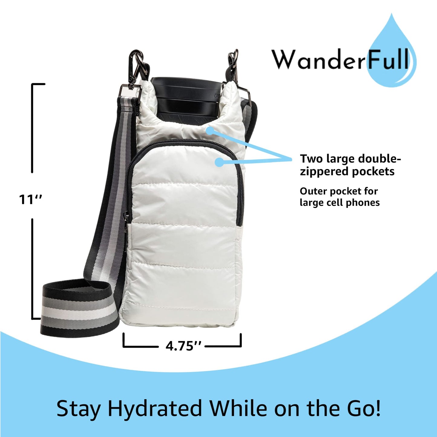 WanderFull Original Crossbody HydroBag | Quilted Water Bottle Carrier | Puffer Tote Tumbler Holder with Pockets for Phone & Accessories | Carry Travel Essentials (White Glossy/Interchangeable Strap)