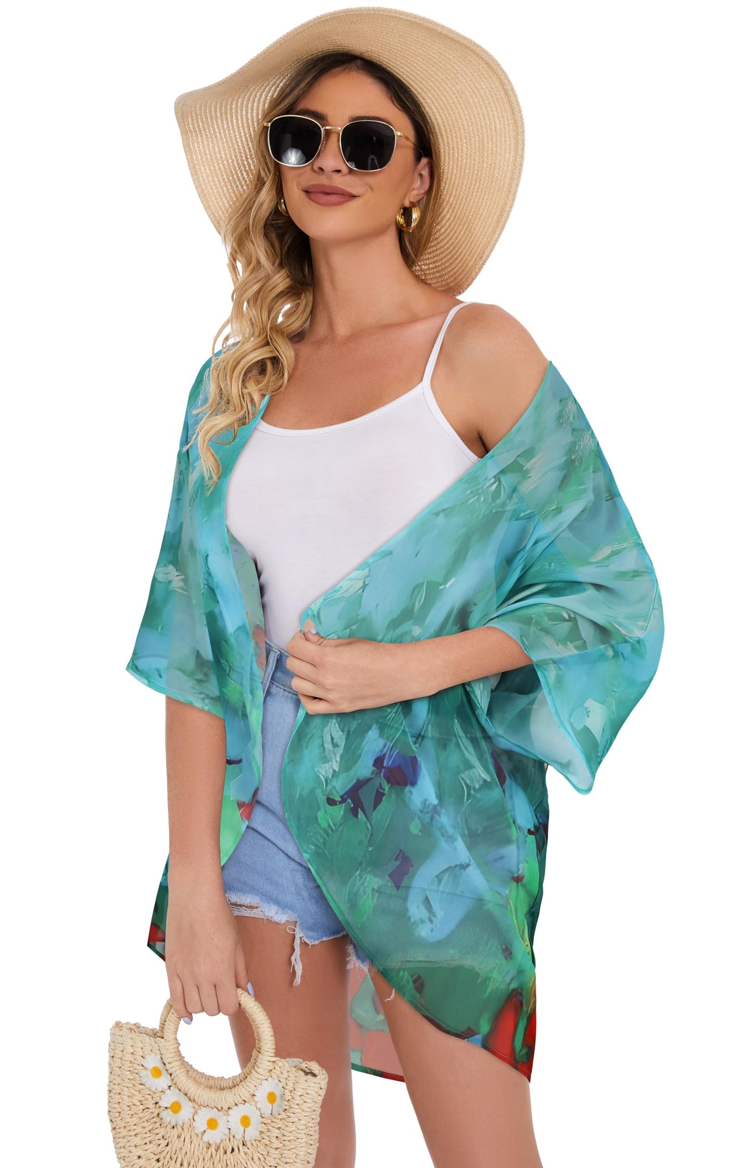Womens Short Cardigans Casual Oversized Open Front Kimono Tops Bathings Suit Cover-ups (Teal Blue Print, S)