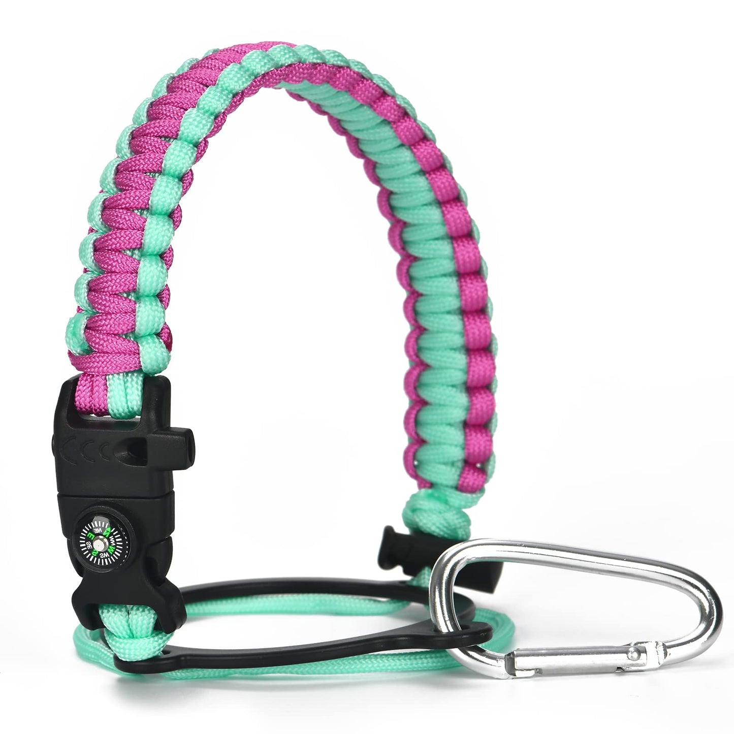 Paracord Handle - Fits Wide Mouth Bottles 12oz to 64oz - Durable Carrier, Paracord Carrier Strap Cord with Safety Ring,Compass and Carabiner - Ideal Water Bottle Handle Strap (Pink/Light Mint)