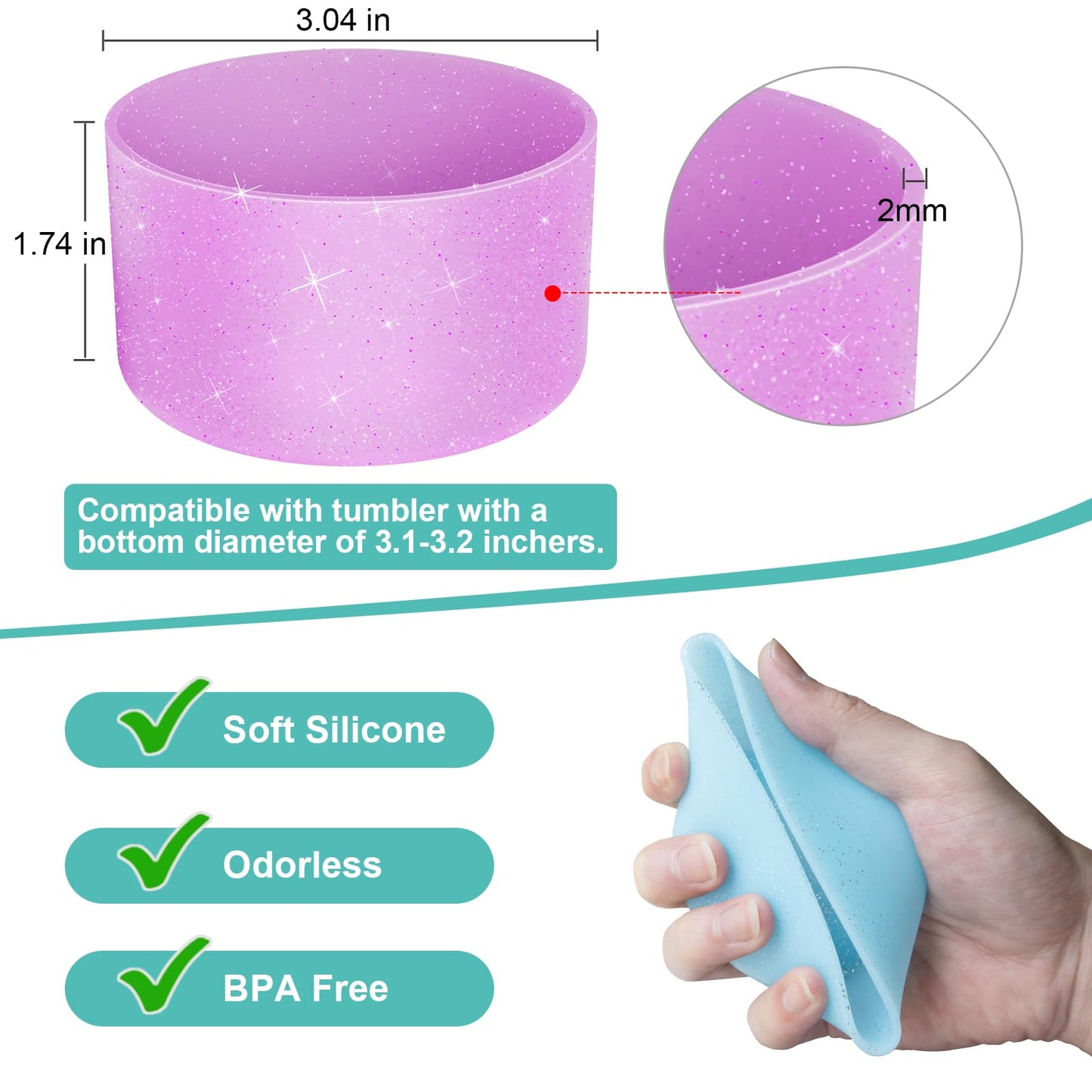 Upgrade 2PCS Protective Silicone Boot Bumper for Stanley Quencher Adventure 40oz 30oz IceFlow 20oz 30oz Tumbler, Water Bottle Bottom Sleeve Cover Accessories for Stanley Mug Cup(Glitter Purple)