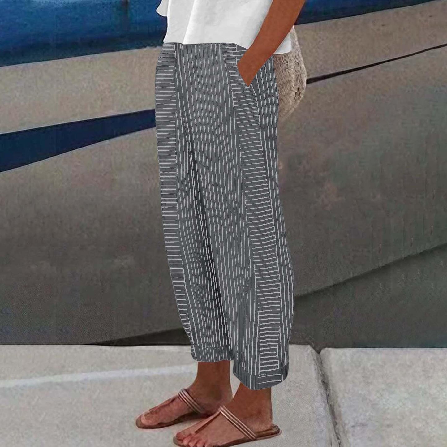 Generic ,Clothes for Women Pants for Women Trendy Womens Capris Summer Striped Linen High Waisted Baggy Trousers Pants Work Wide Legged Women Jogger Pants(Black,M), Medium