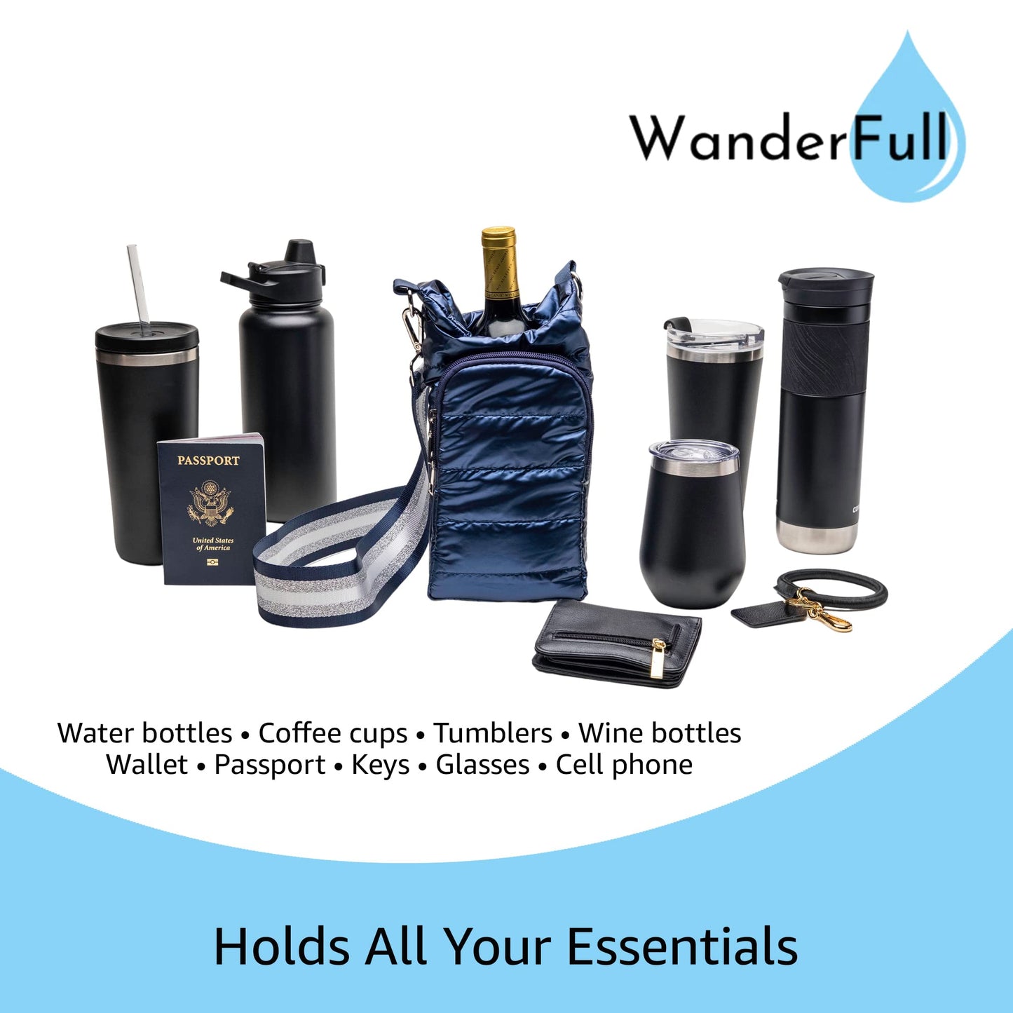 WanderFull Original Crossbody HydroBag | Quilted Water Bottle Carrier | Puffer Tote Tumbler Holder with Pockets for Purse, Phone & Accessories | Carry Travel Essentials (Navy/Patterned Strap)