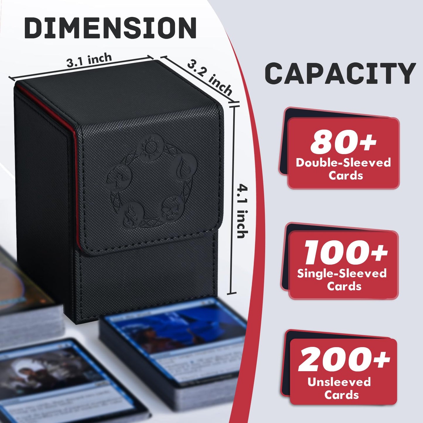 ZLCA Card Deck Box for Trading Cards with 2 Dividers, Card Storage Box Fits 100+ Single Sleeved Cards, PU Leather Strong Magnet Card Deck Case Holder for Magic Commander TCG CCG (Black&Red)