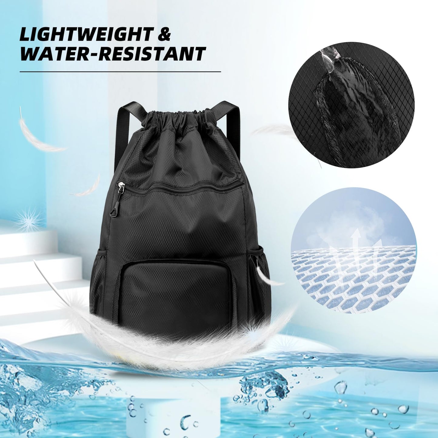ChuLian Drawstring Backpack with Wet Pocket & Shoe Compartment, Water-Resistant Sports Gym Beach Swim String Bag for Women Men Black
