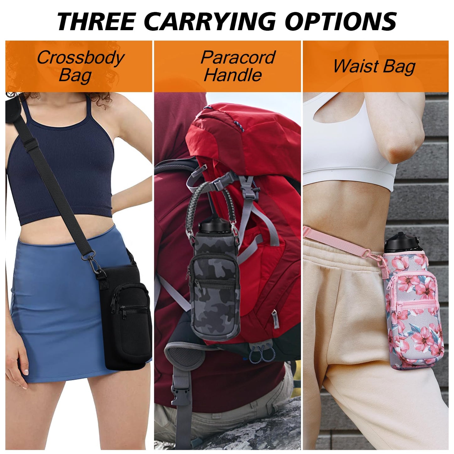 AceTreker Water Bottle Carrier Bag, 32 oz/ 40 oz Insulated Water Bottle Sleeve with Paracord Hanlde & Strap, Neoprene Metal Canteen Pouch Holder with Phone Pocket for Gym, Sport, Fishing