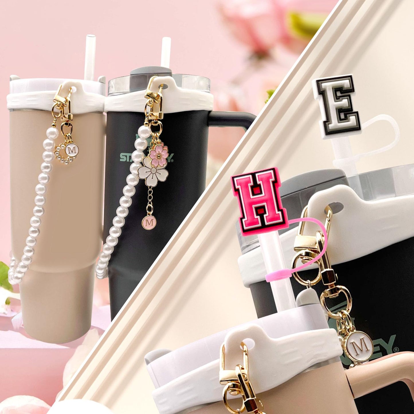 Lingdeer Water Bottle Handle with 2Pcs Letter Charms & 2Pcs Personalized Initial Straw Cover Toppers, Water Bottle Holder Lanyard Sling Carrier Strap, Suitable for 30&40 Oz Stanley Cup Accessories (D)