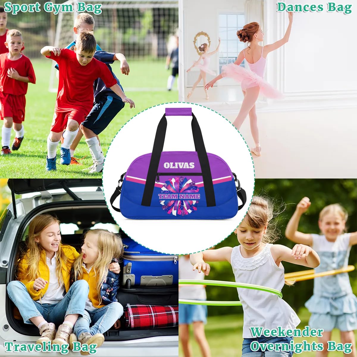 Personalized Cheerleader Bag Dance Bag for Girl, Custom Team Bag Gym Bag Sport Duffel Bag, Weekender Bags Travel Bag for Cheer Team Blue Pink Purple Glam