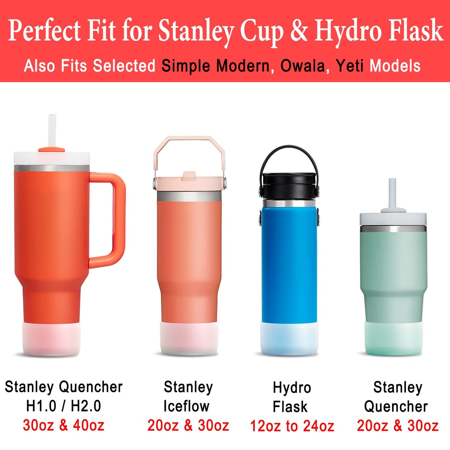 KTKUDY 2Pcs Silicone Boot for Stanley Quencher Tumbler H2.0 30 oz 40 oz & IceFlow 20 oz 30 oz & intended for Hydro Flask Water Bottle 12-24 oz - Protective Cup Bottom Accessories Fits Stanley Cup